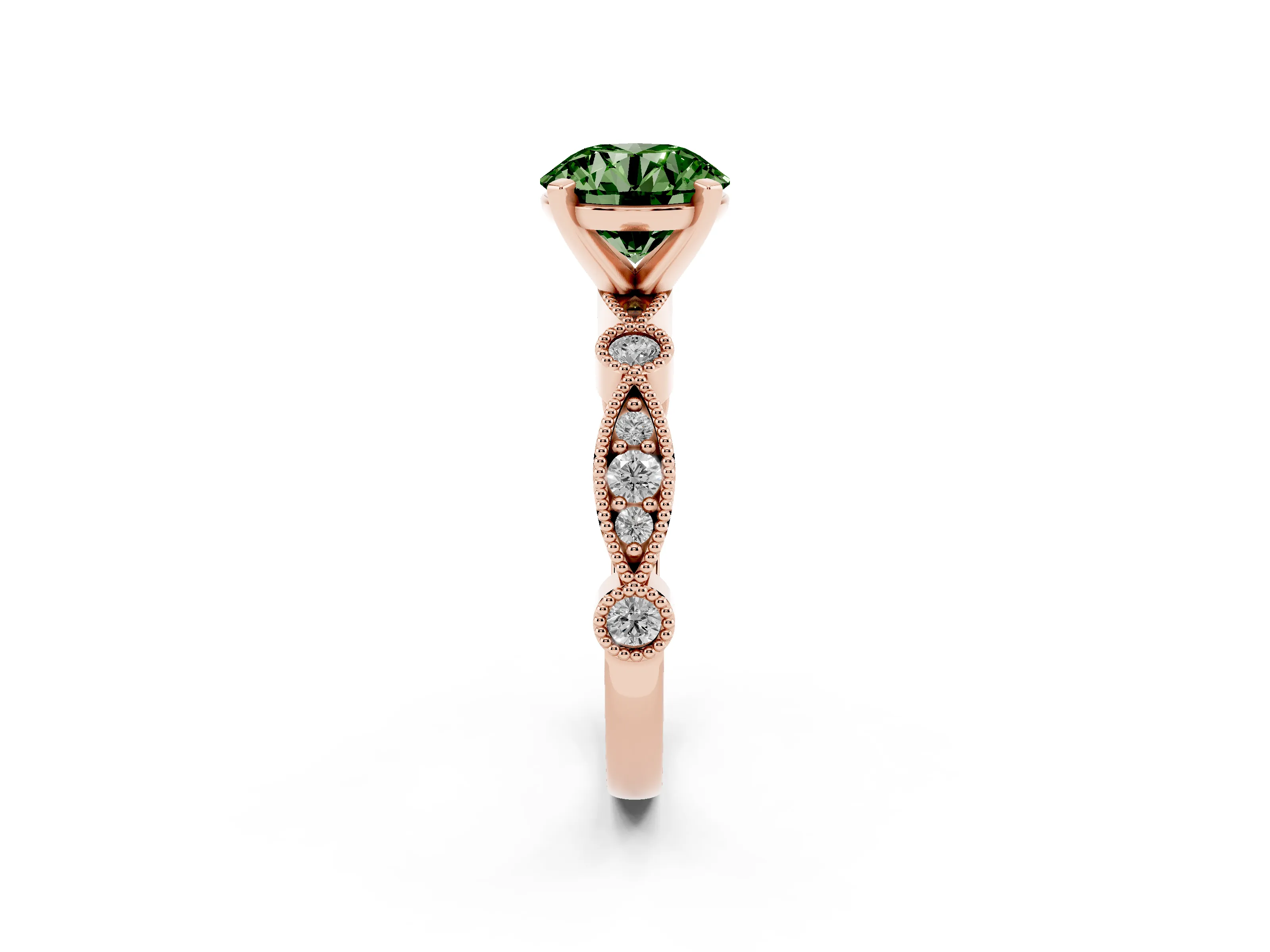 Fancy Green Round Cut Diamond Solitaire Engagement Ring Set in Rose gold with Milgrain Bezel Accent Band