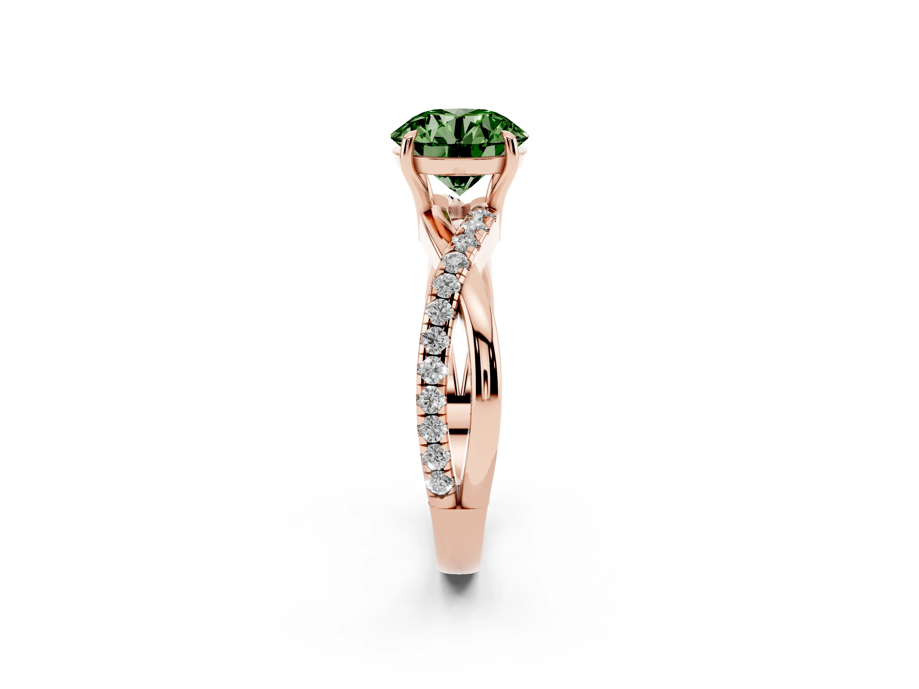 Fancy Green Round Cut Diamond Twisted Pavé Band Ring Set in Rose gold with Prong Setting