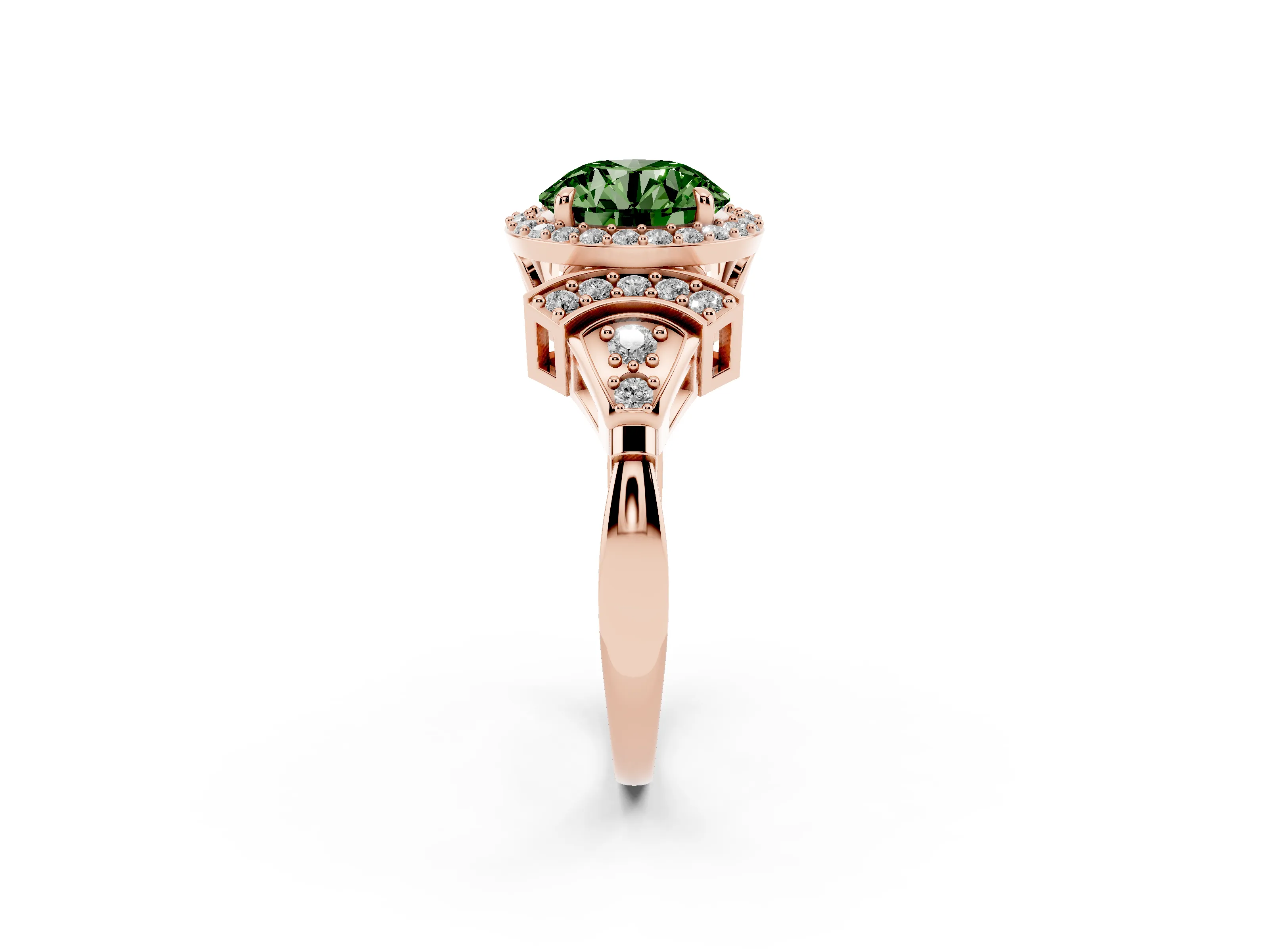 Fancy Green Round Cut Diamond Halo Engagement Ring Set in Rose gold with Accent Stone Split Shank