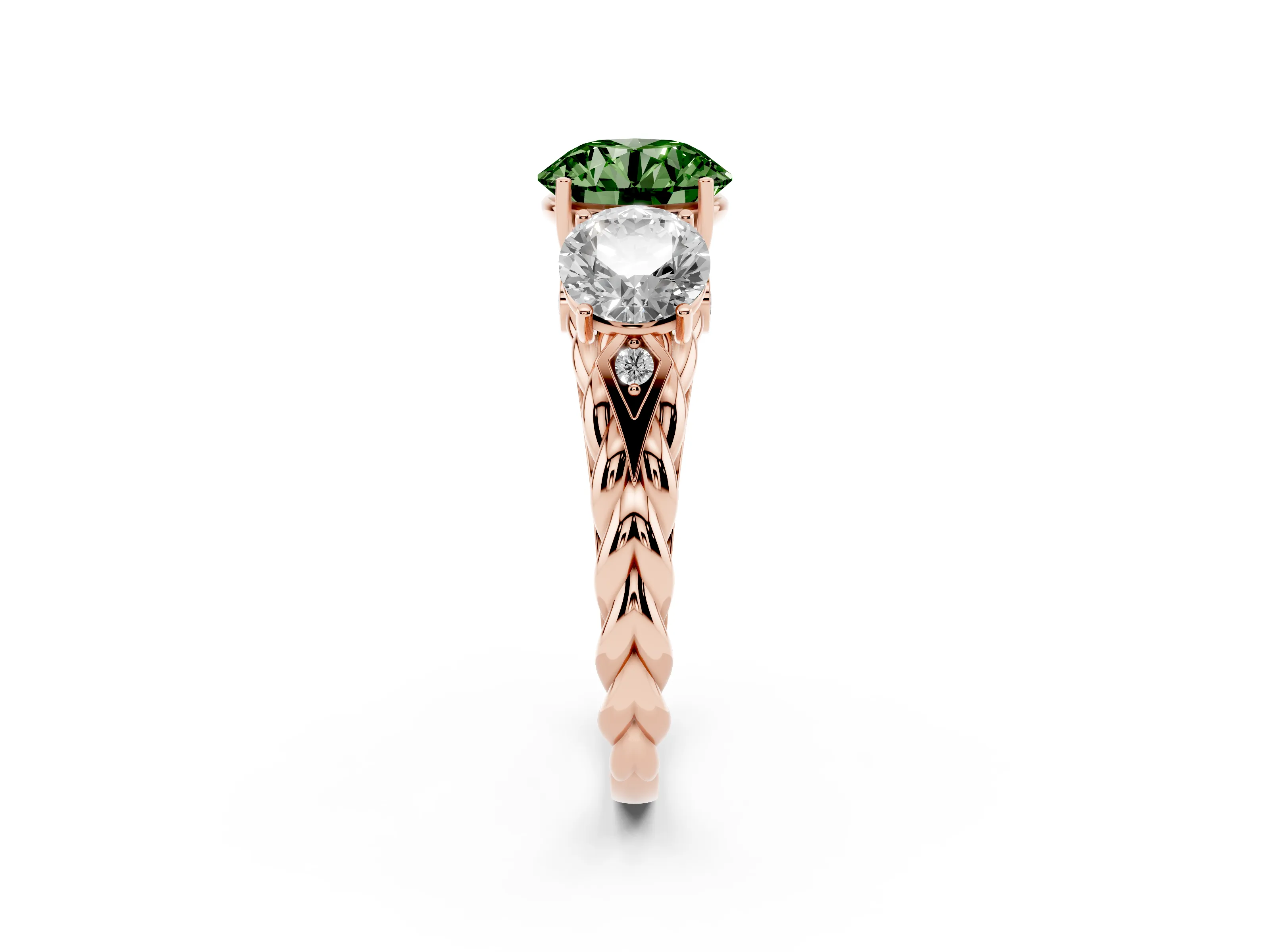 Fancy Green Round Cut Diamond Three-Stone Ring Set in Rose gold with Braided Band