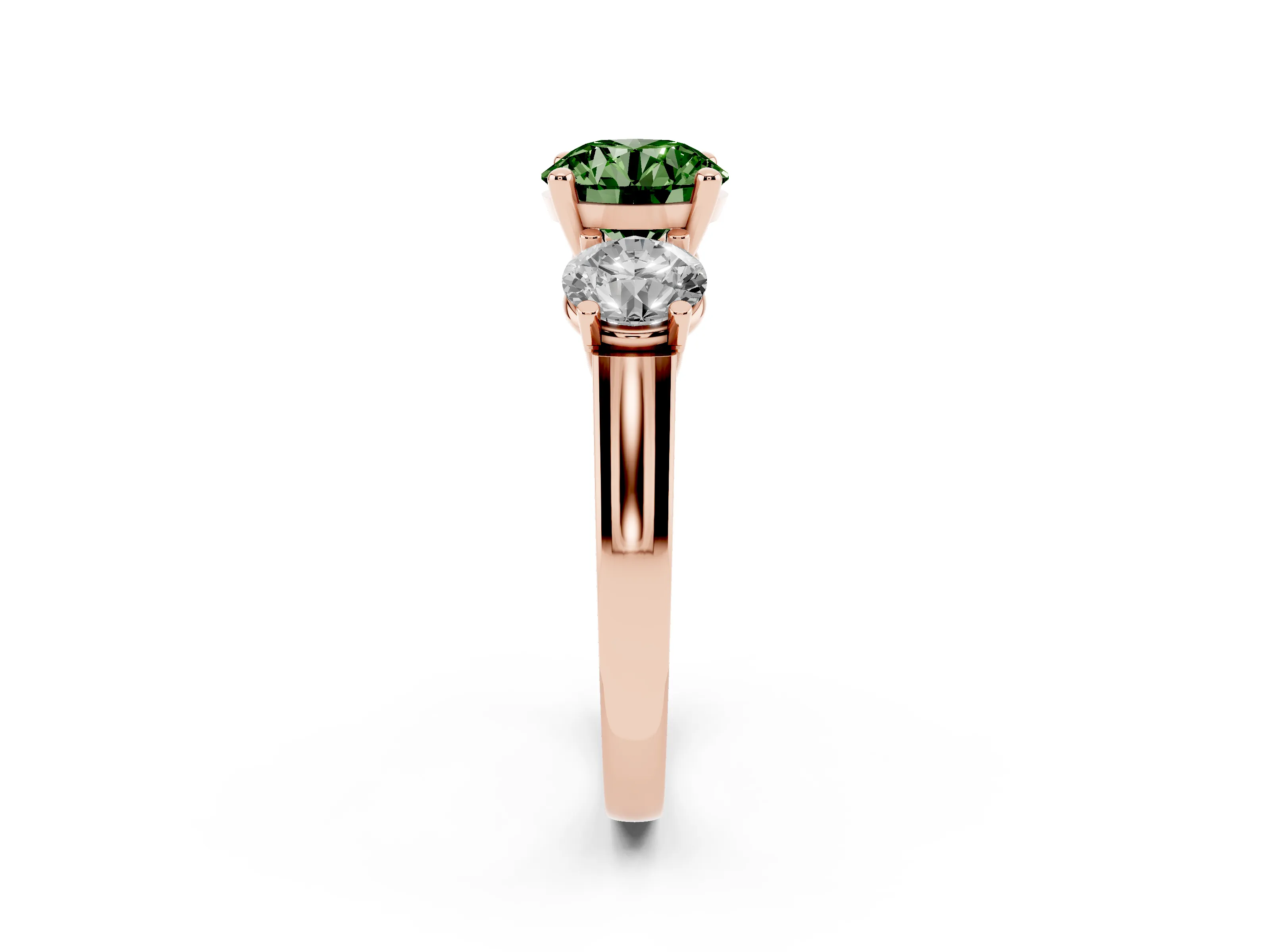 Fancy Green Round Cut Diamond Three-Stone Trellis Ring Set in Rose gold with Comfort Fit Band