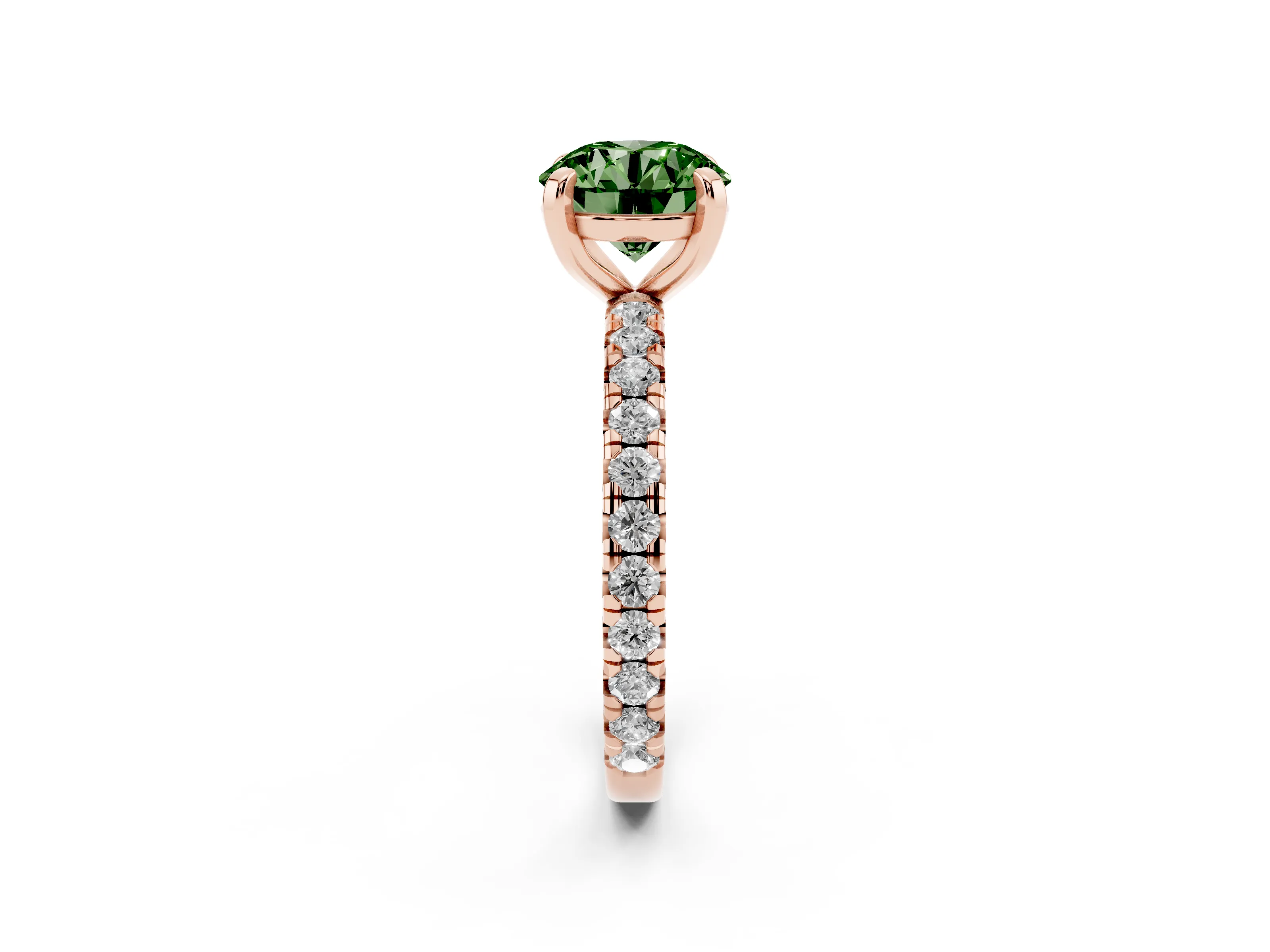 Fancy Green Round Cut Diamond Pavé Solitaire Ring Set in Rose gold with Round Band and Prong Setting