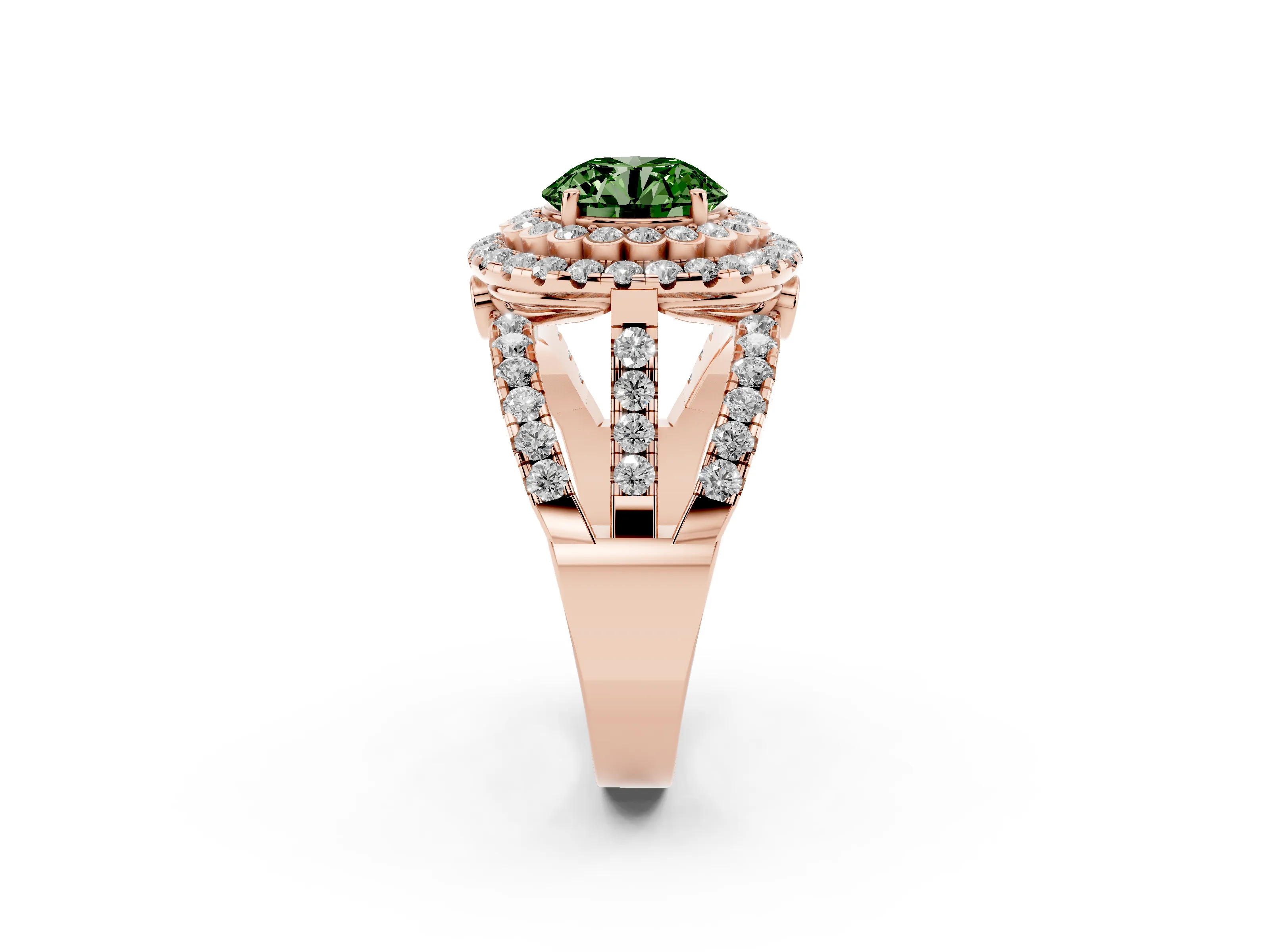 Fancy Green Round Cut Diamond Double Halo Ring Set in Rose gold with Round Pavé Split Shank