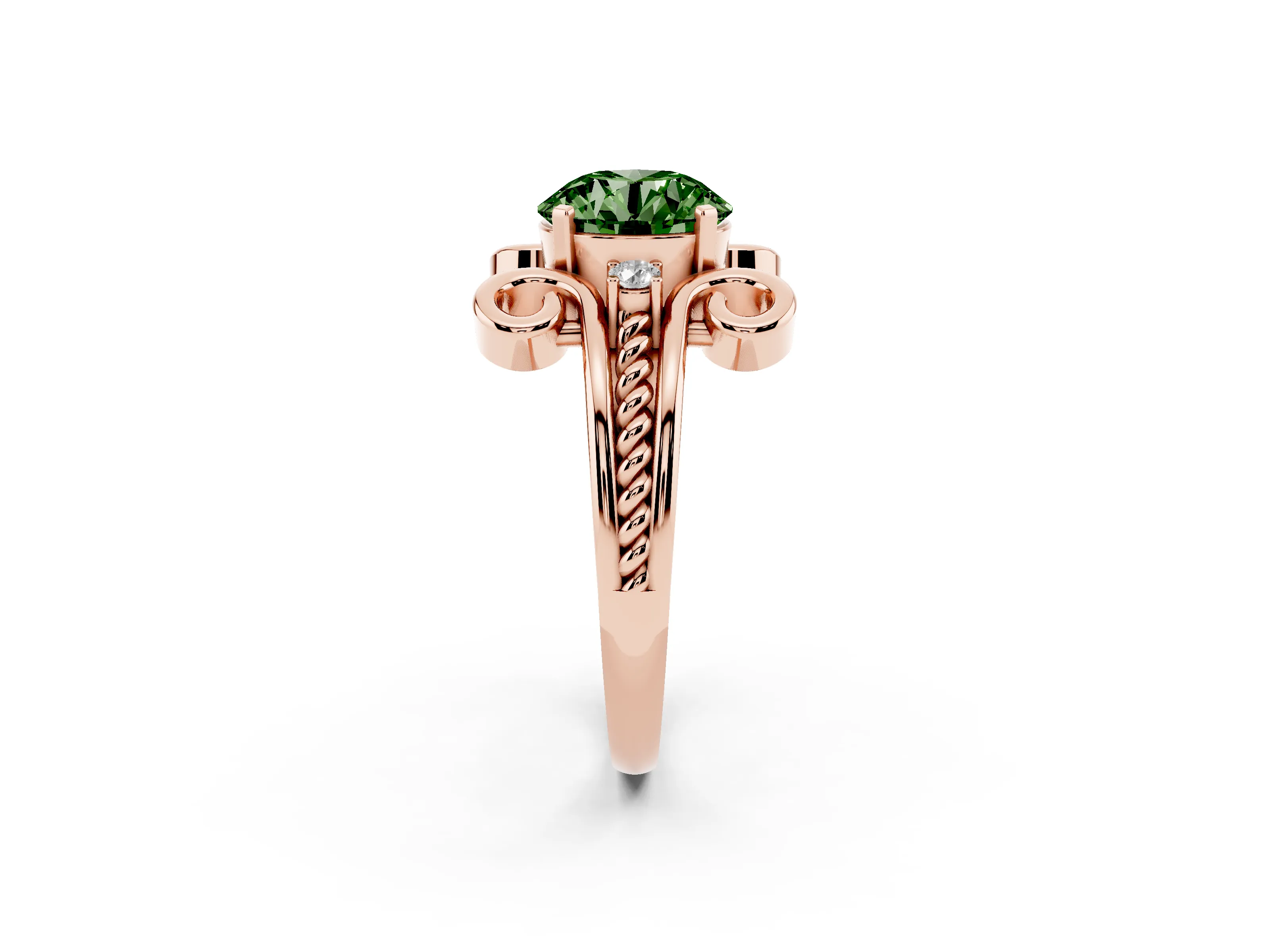 Fancy Green Round Cut Diamond Twisted Band Solitaire Ring Set in Rose gold with Scroll Prongs