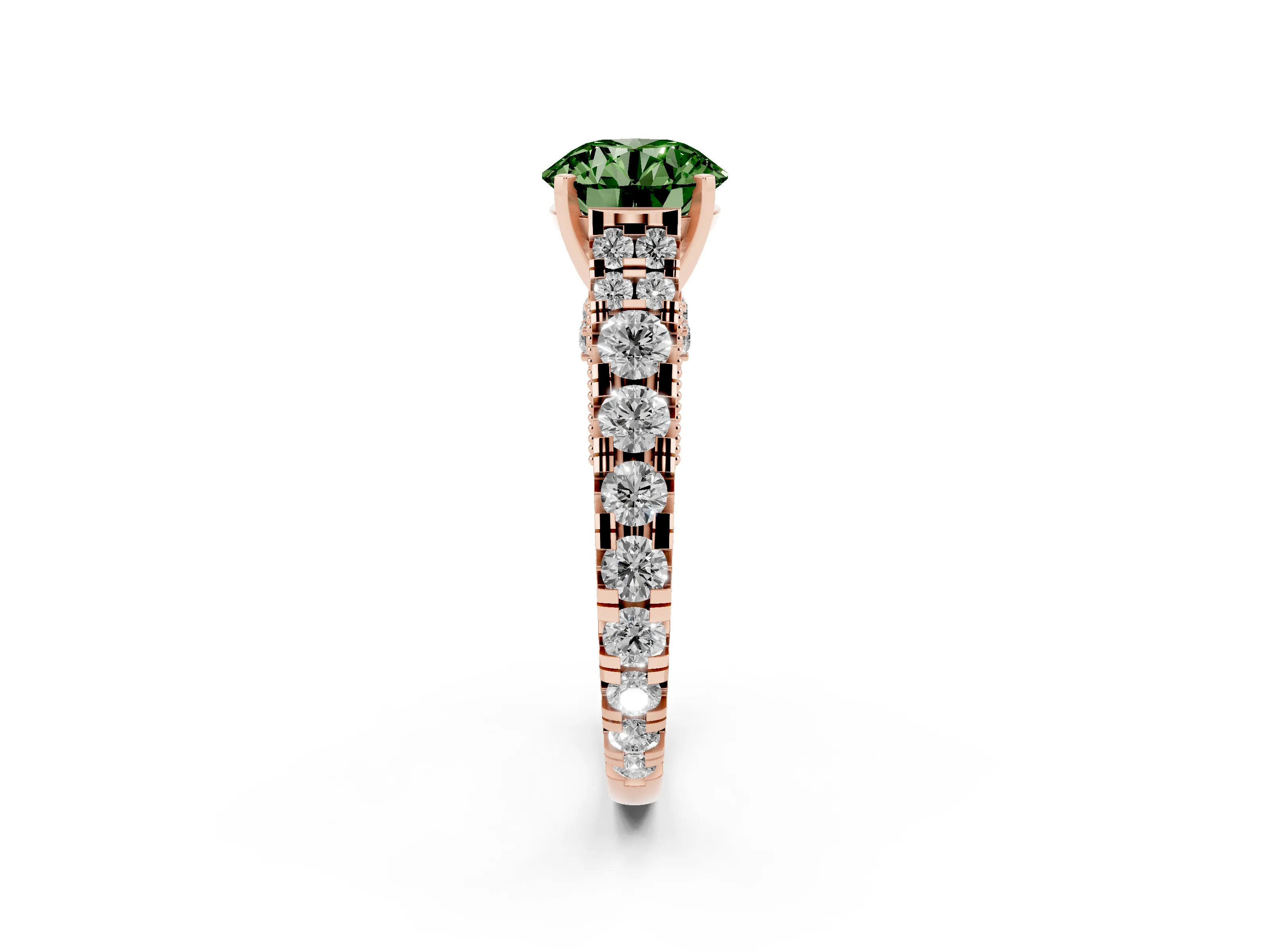 Fancy Green Round Cut Diamond Classic Solitaire Ring Set in Rose gold with Pavé Band and Prong Setting