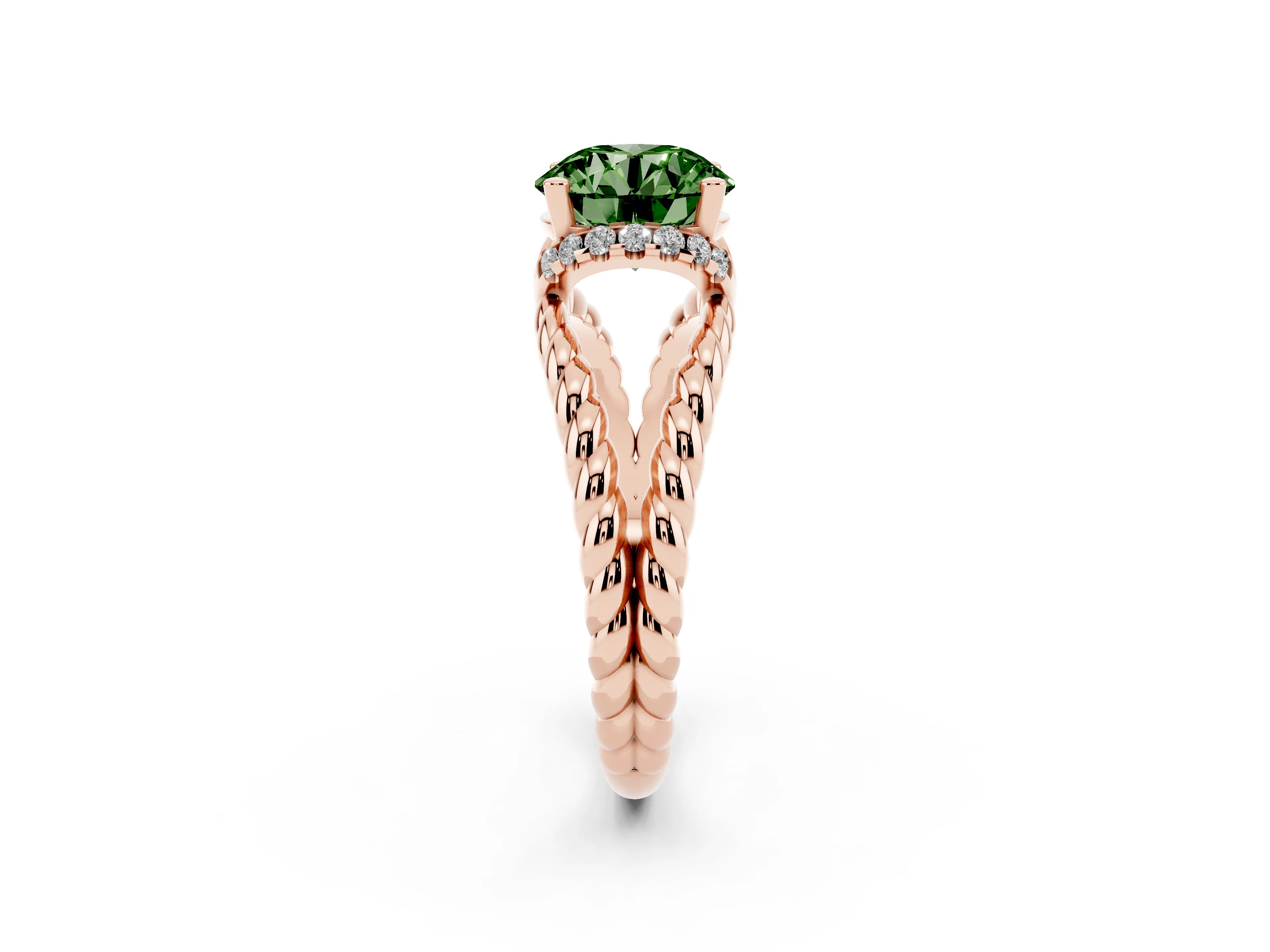 Fancy Green Round Cut Diamond Halo Ring Set in Rose gold with Twisted Band and Prong Setting