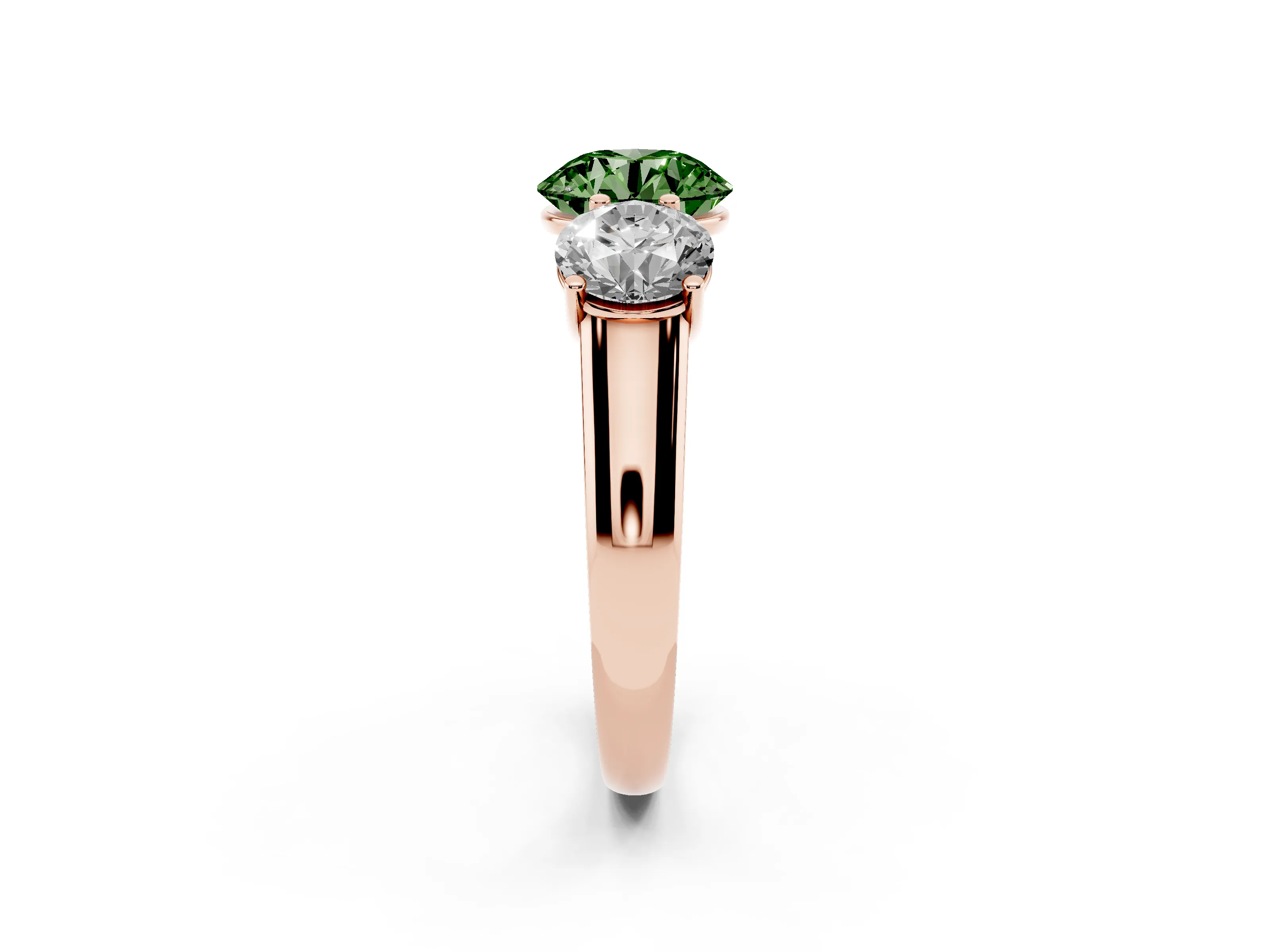 Fancy Green Round Cut Diamond Three-Stone Ring Set in Rose gold with Plain Polished Band