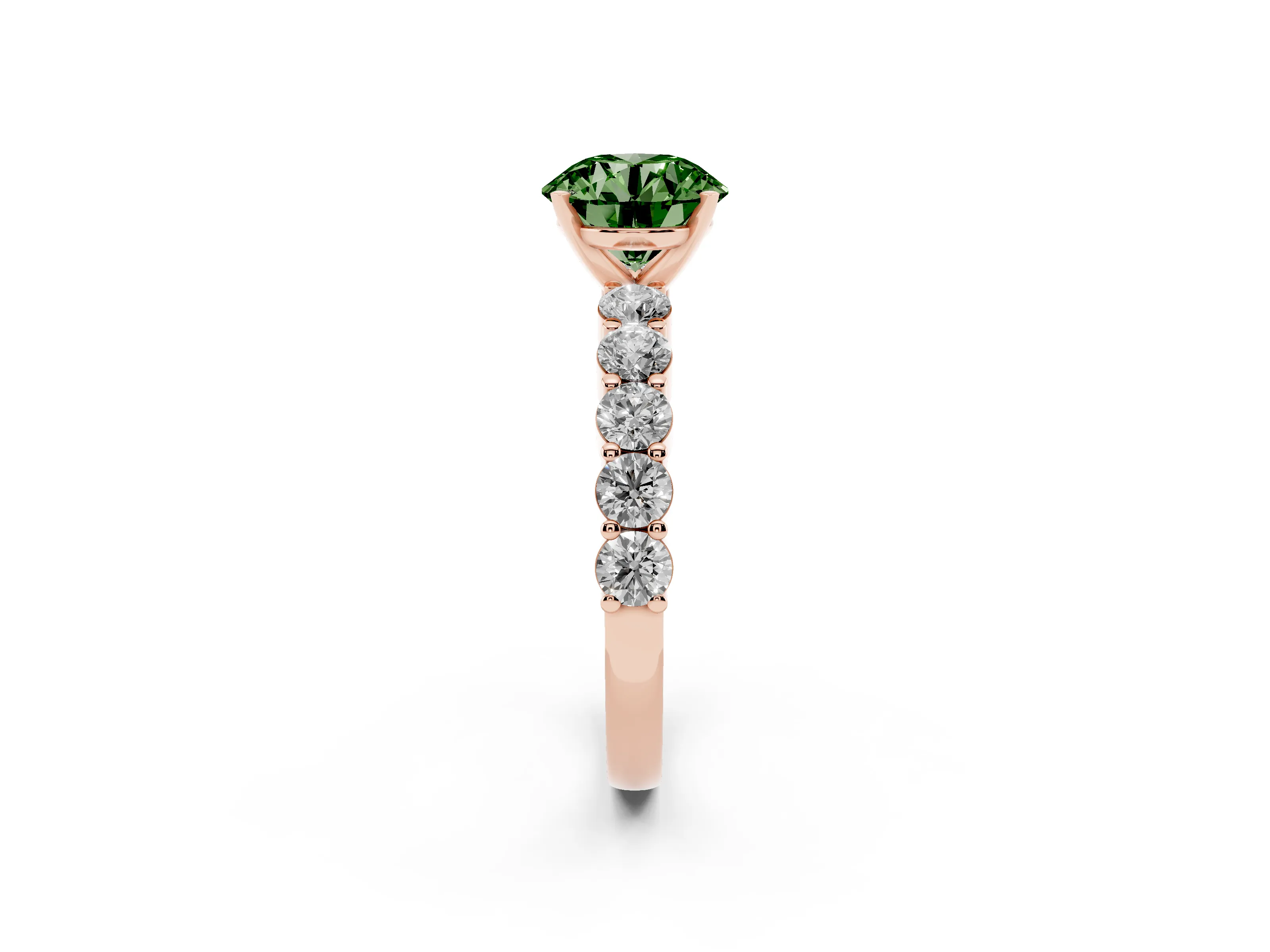Fancy Green Round Cut Diamond Solitaire Ring Set in Rose gold with Shared Prong Round Side Stones