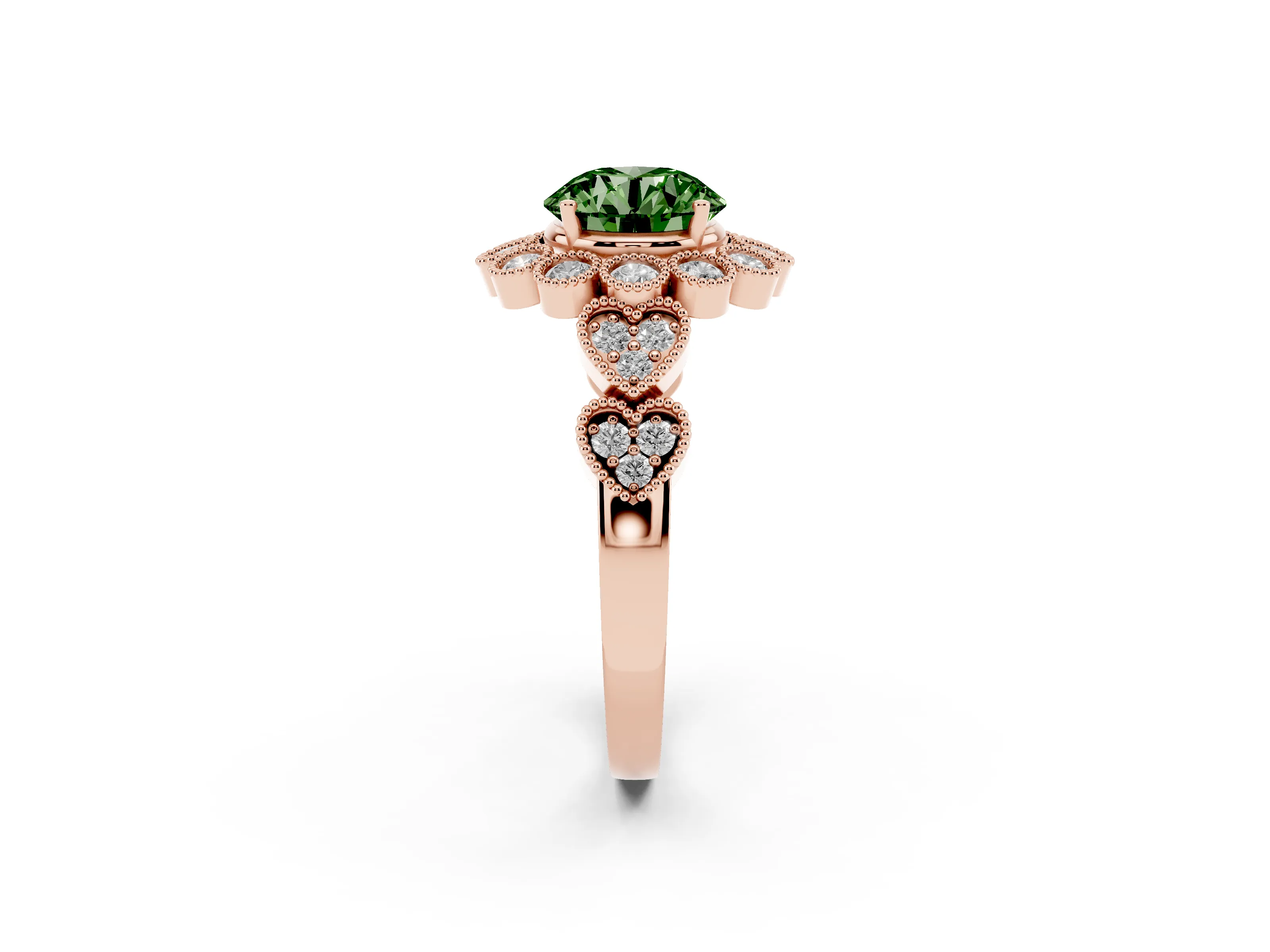 Fancy Green Round Cut Diamond Solitaire Ring Set in Rose gold with Milgrain Pavé Heart Band