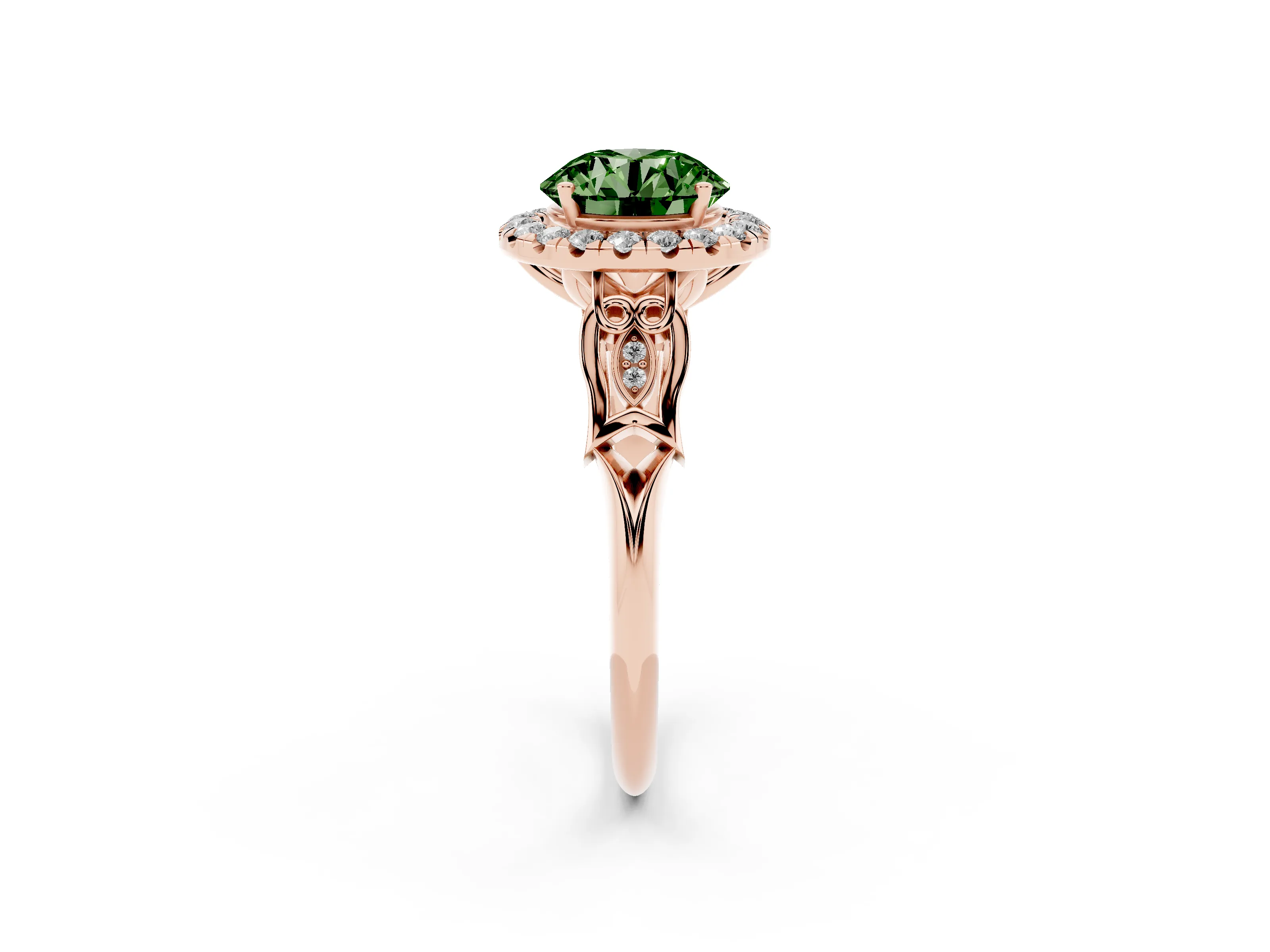 Fancy Green Round Cut Diamond Halo Engagement Ring Set in Rose gold with Filigree Band and Prong-Set Center