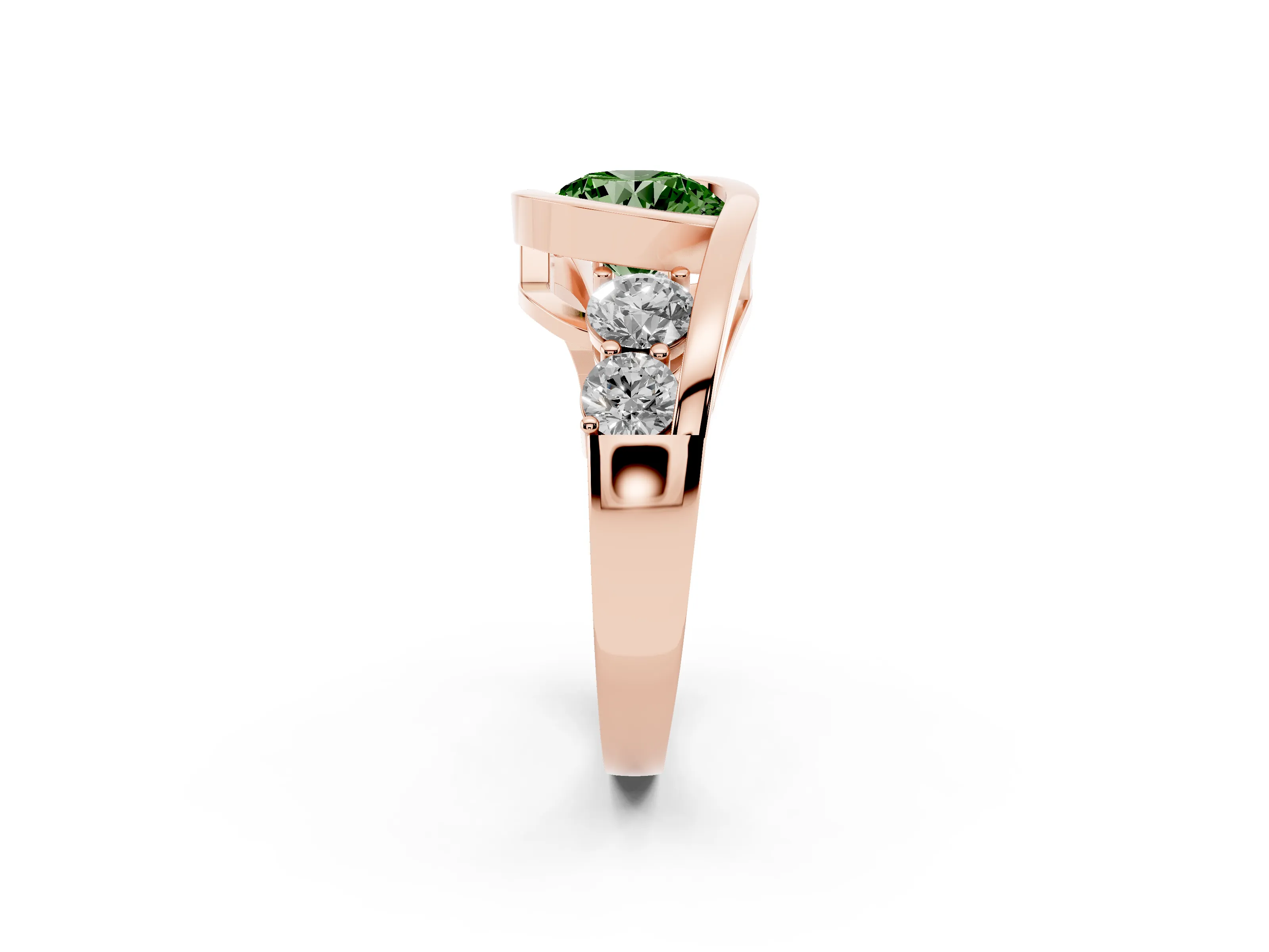 Fancy Green Round Cut Diamond Bezel Bypass Ring Set in Rose gold with Round Accents