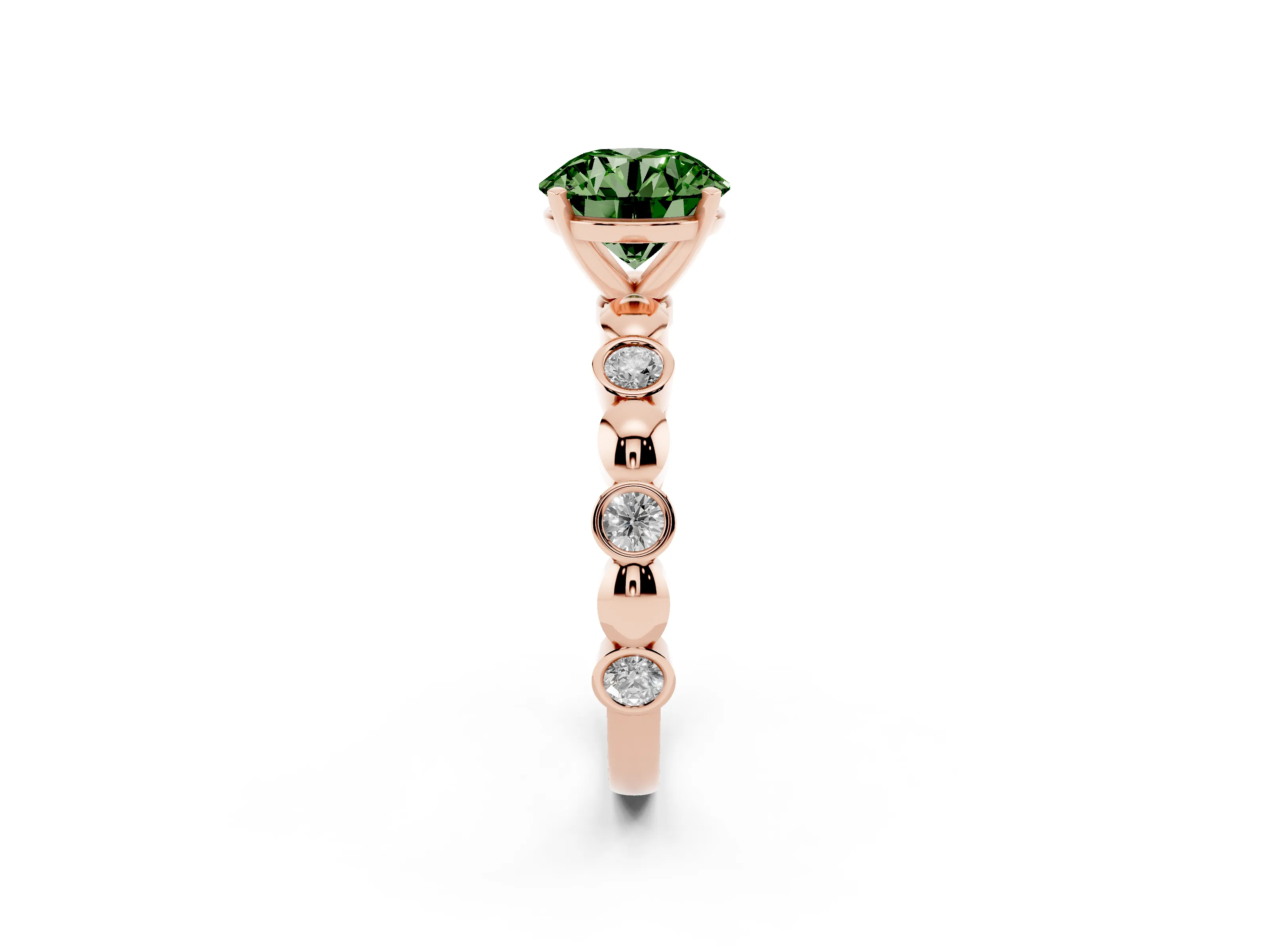 Fancy Green Round Cut Diamond Solitaire Ring Set in Rose gold with Bezel-Set Accents on Beaded Band and Prong Setting