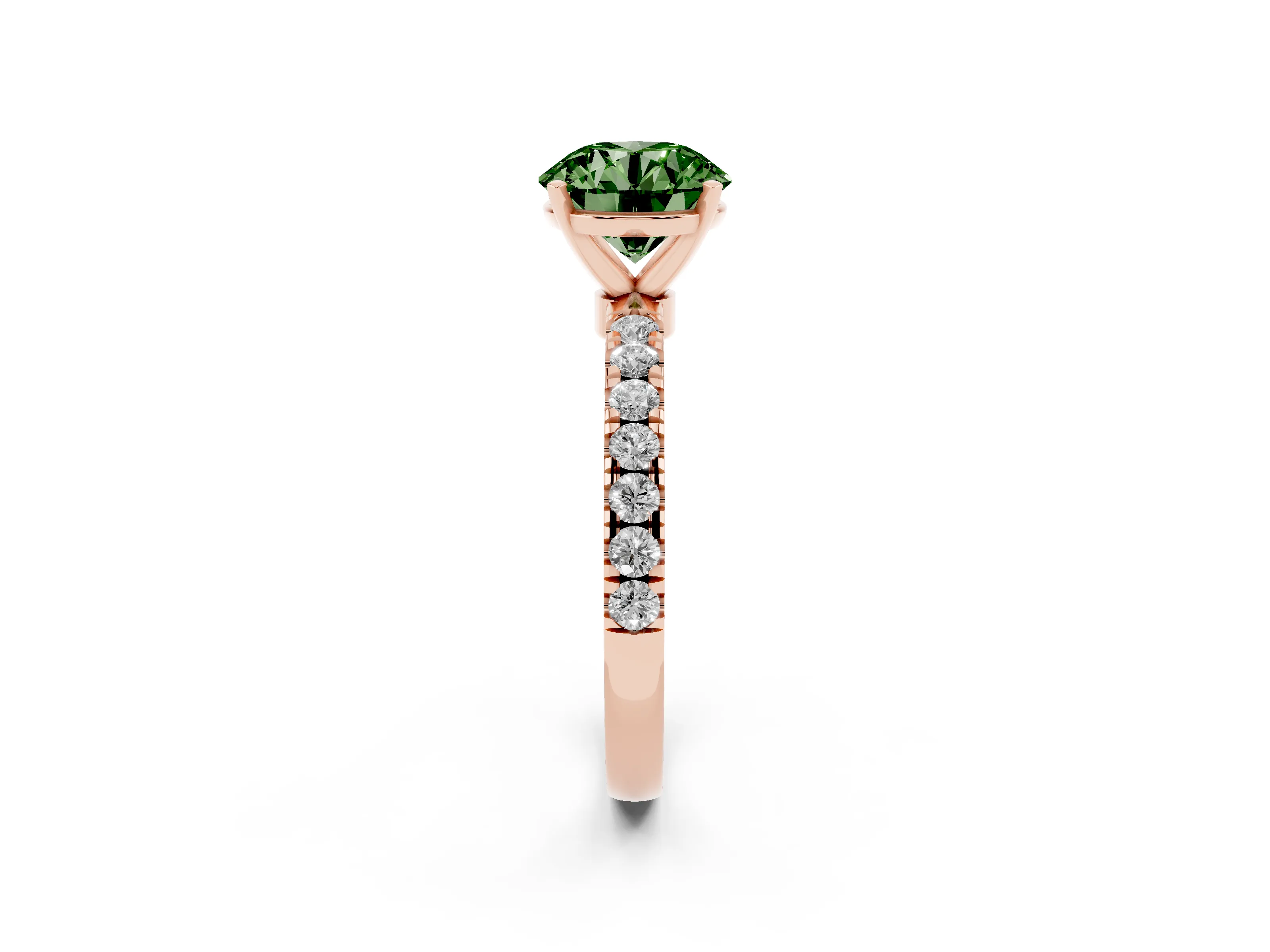 Fancy Green Round Cut Diamond Solitaire Ring Set in Rose gold with Pavé Accents and Prong Setting