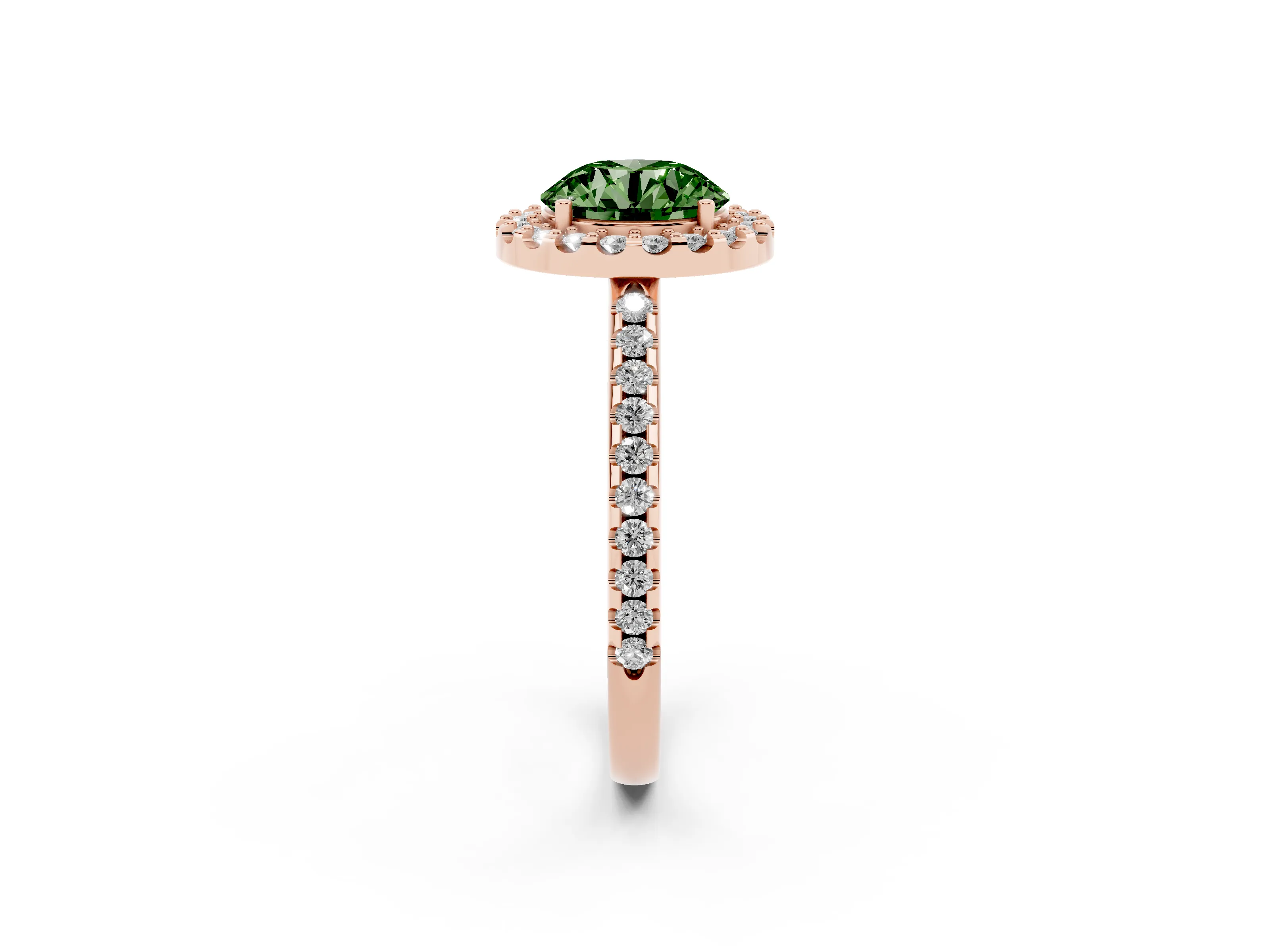 Round Pave Halo Engagement Ring Setting for a Fancy Green Lab-Grown Diamond | Pave Band | Rose Gold