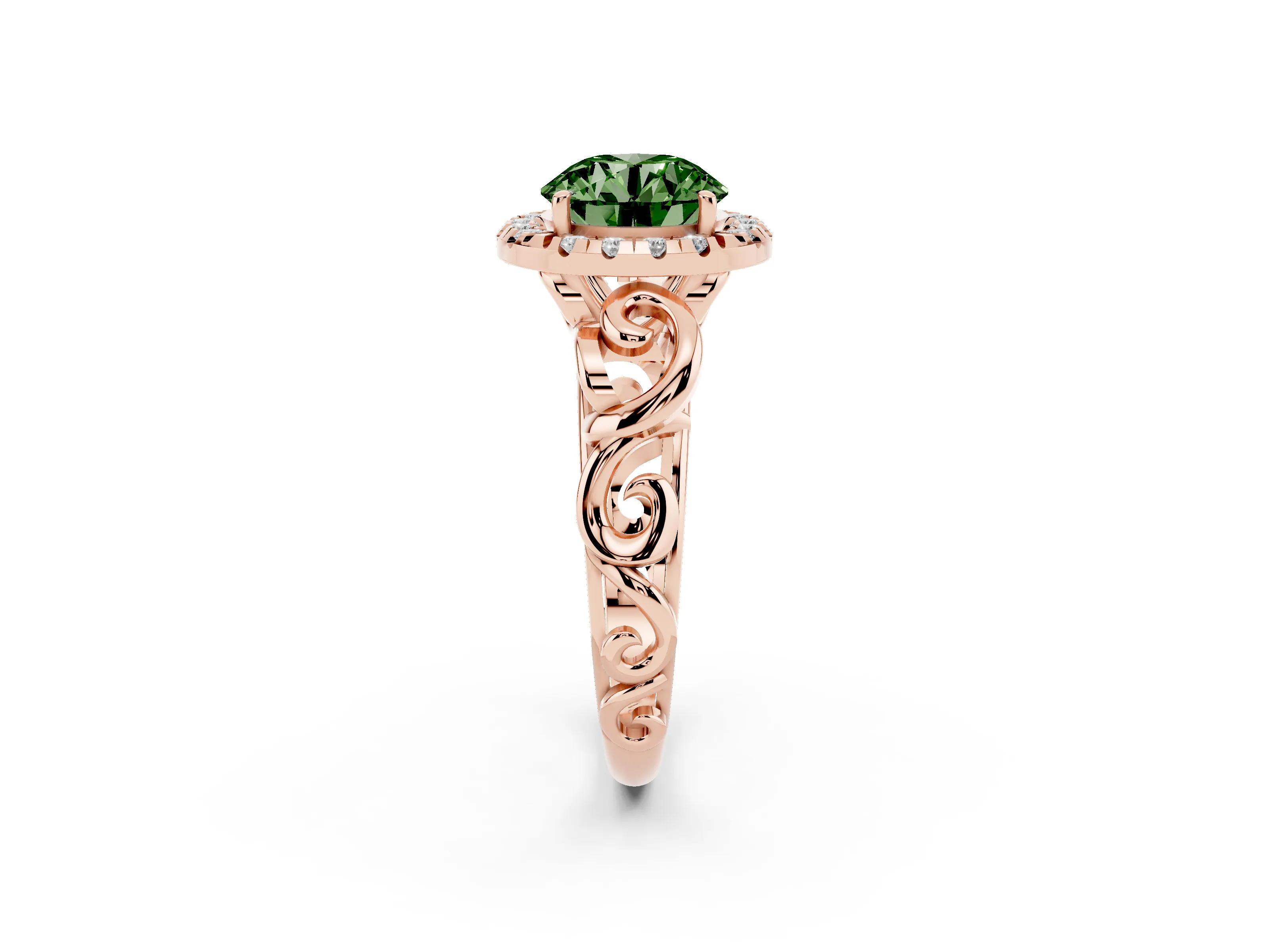 Fancy Green Round Cut Diamond Halo Ring Set in Rose gold with Scrollwork Band and Prong Setting