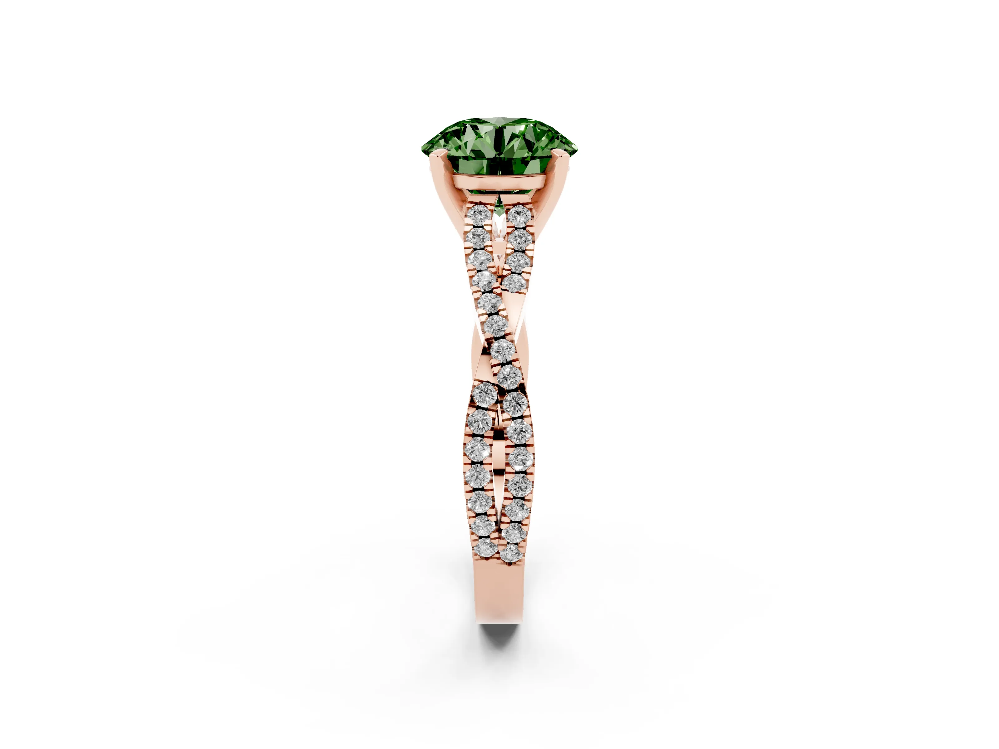 Fancy Green Round Cut Diamond Solitaire Engagement Ring Set in Rose gold with Twisted Pavé Band and Prong Setting