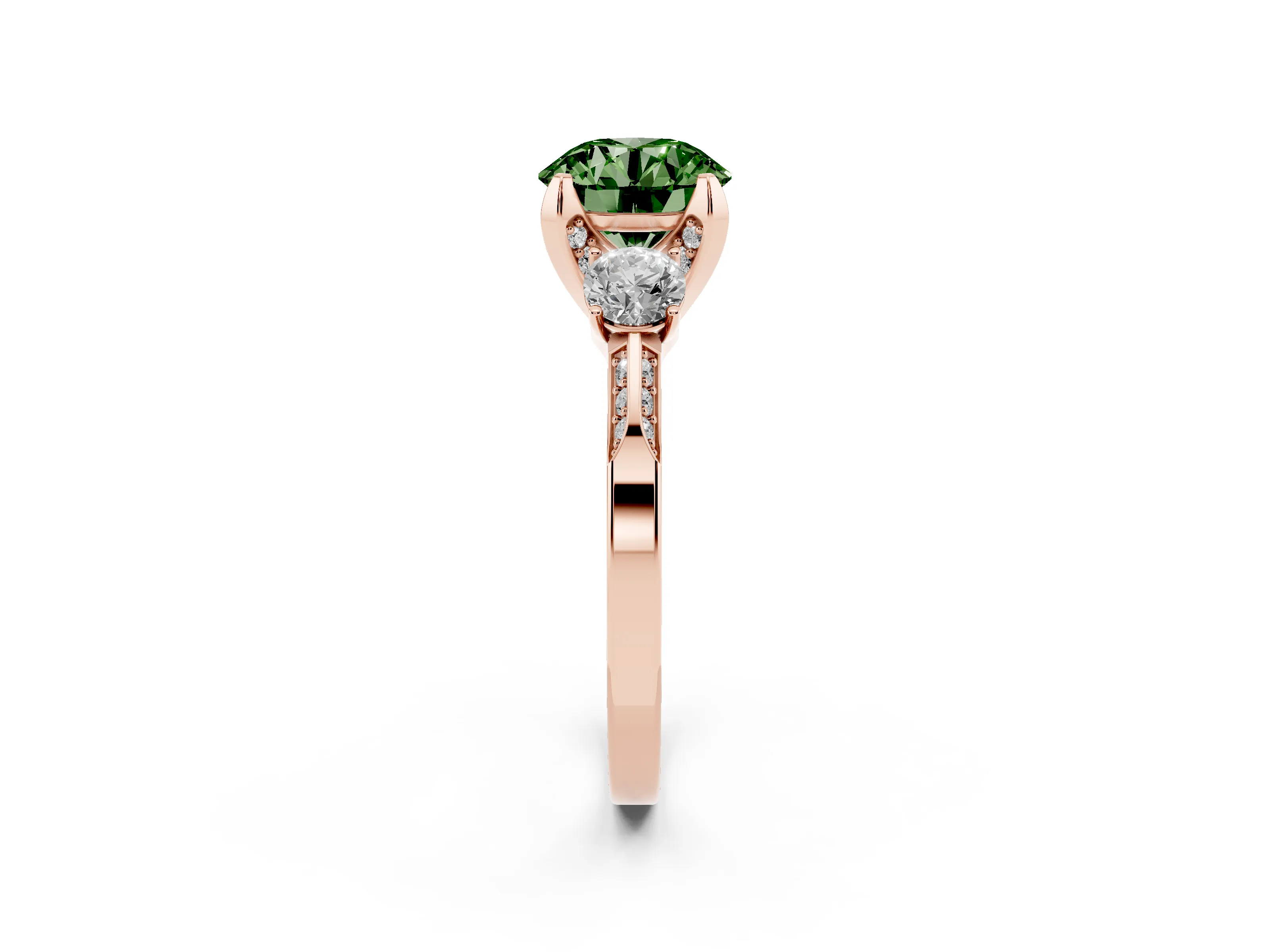 Fancy Green Round Cut Diamond Three-Stone Ring Set in Rose gold with Pavé Band and Smaller Side Stones