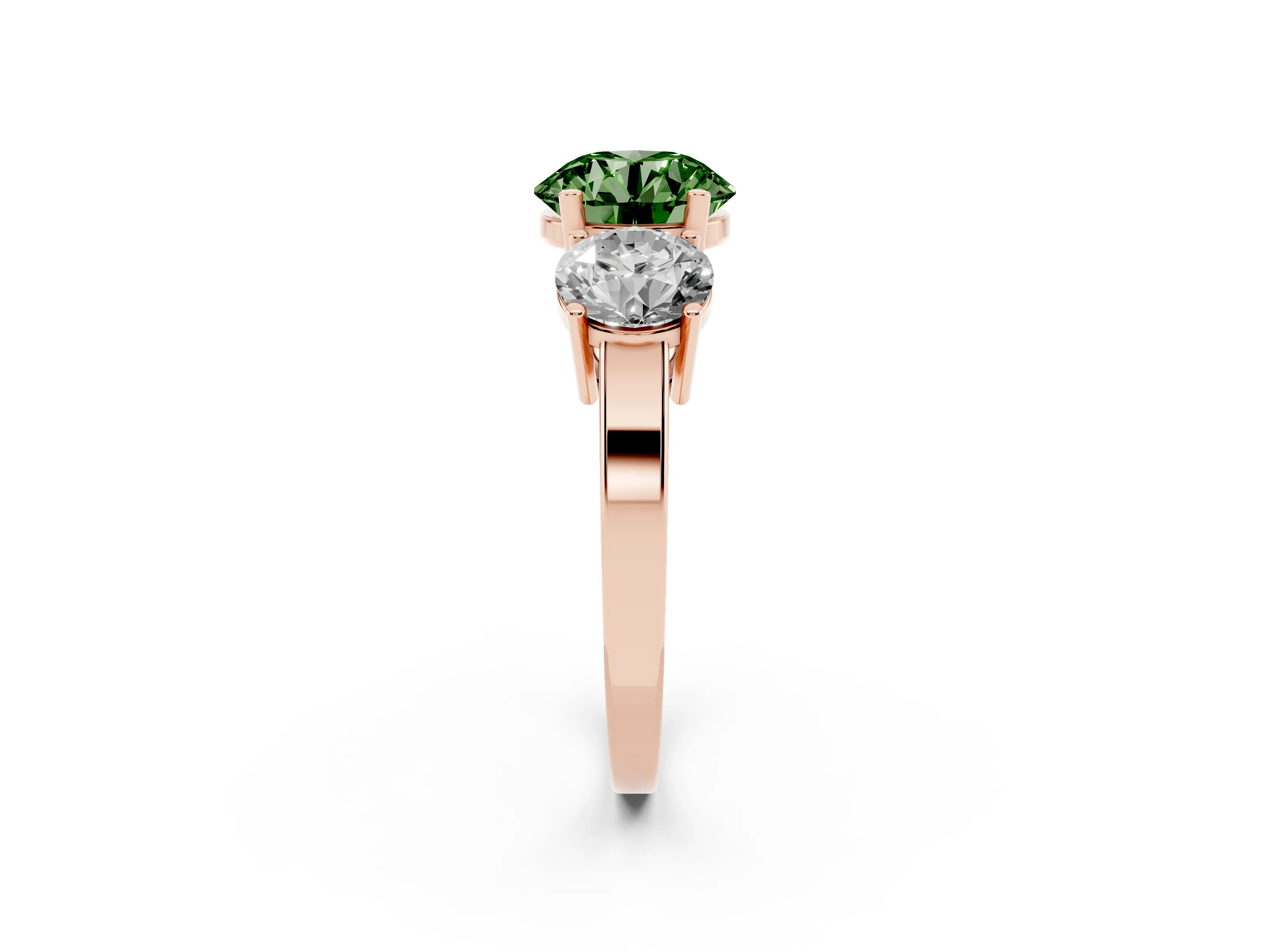 Fancy Green Round Cut Diamond Three-Stone Engagement Ring Set in Rose gold with Flat Band