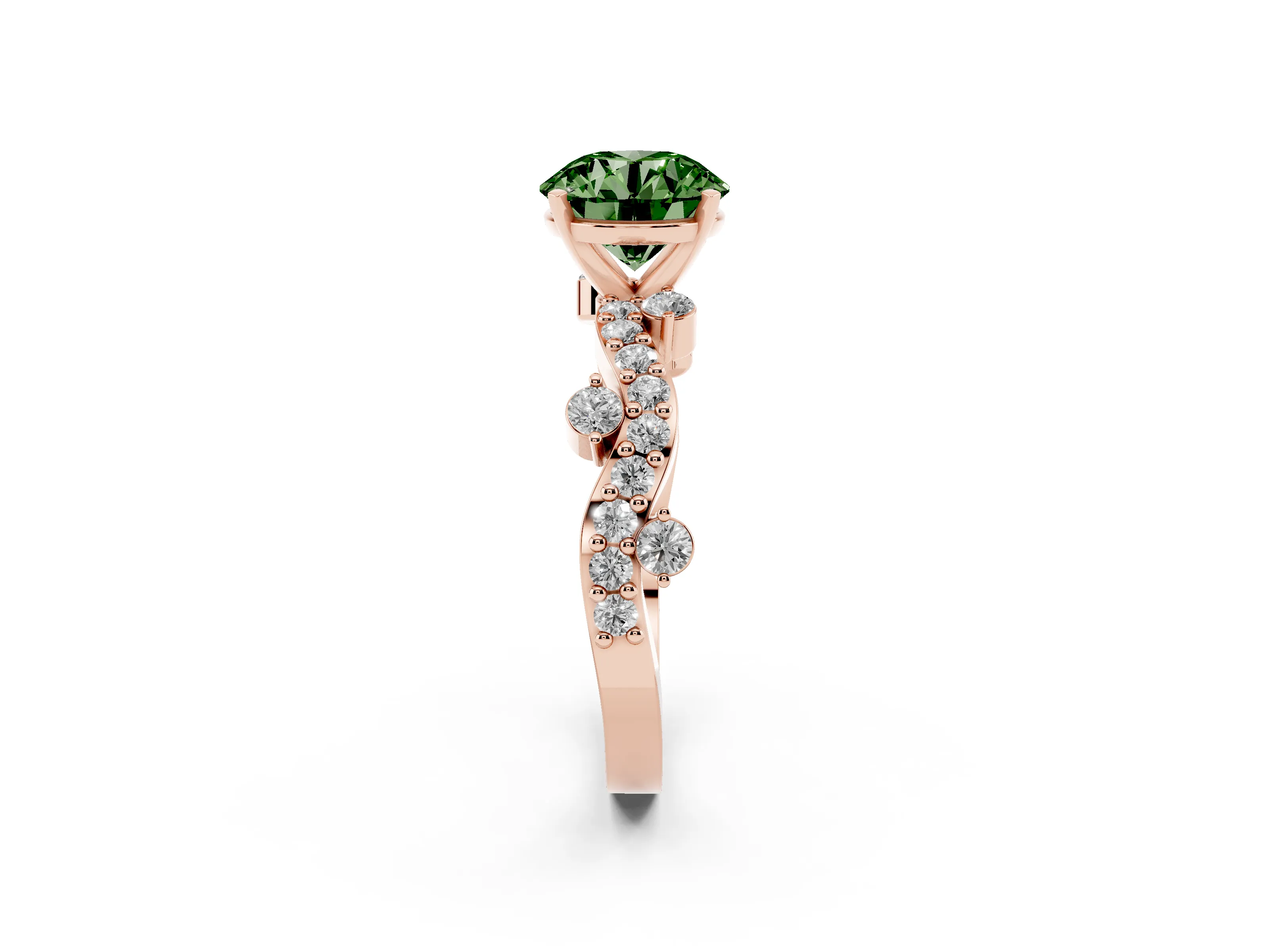 Fancy Green Round Cut Diamond Solitaire Twisted Band Set in Rose gold with Pavé Setting