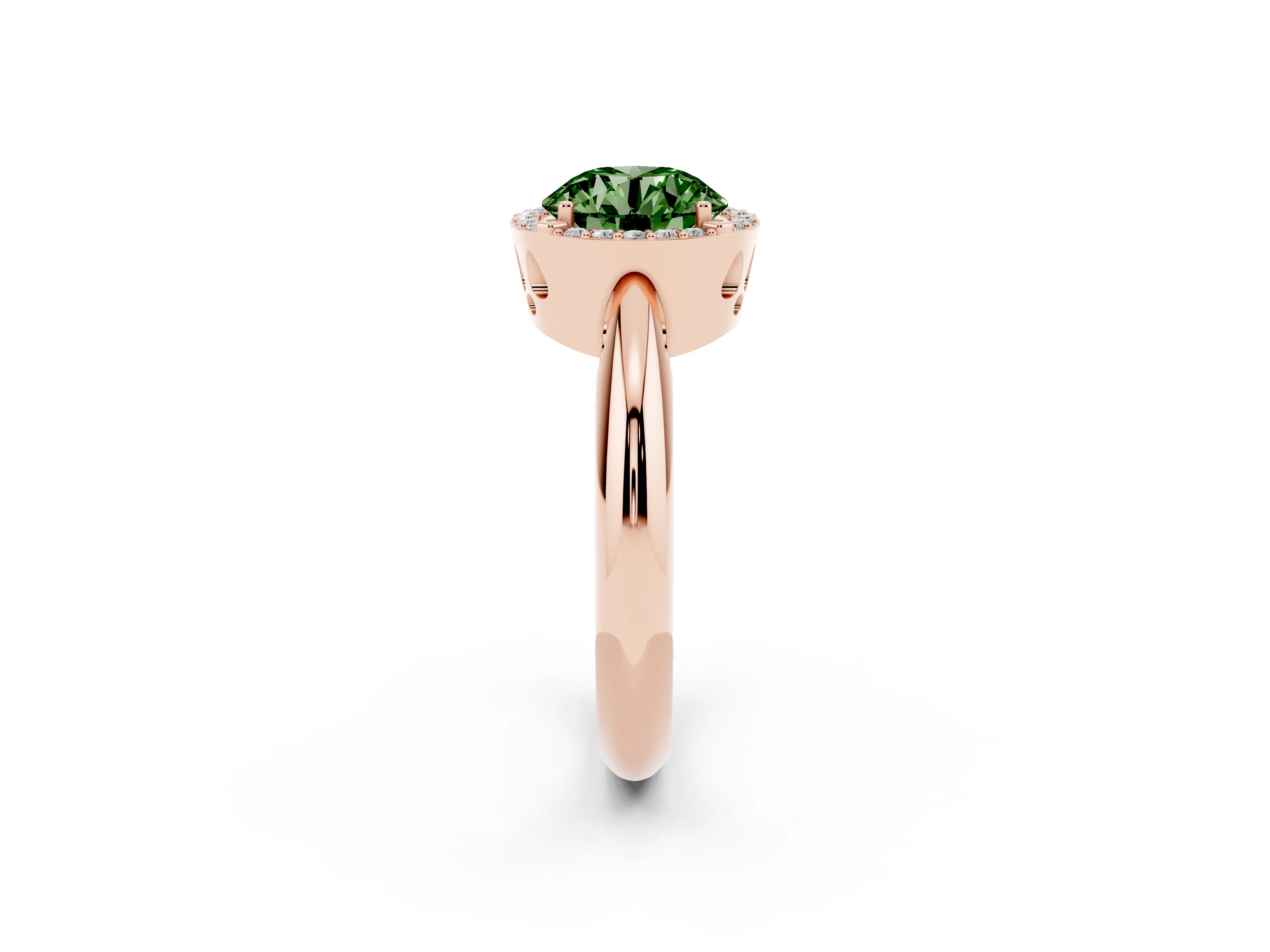 Fancy Green Round Cut Diamond Halo Engagement Ring Set in Rose gold with Plain Split Shank and Prong Setting