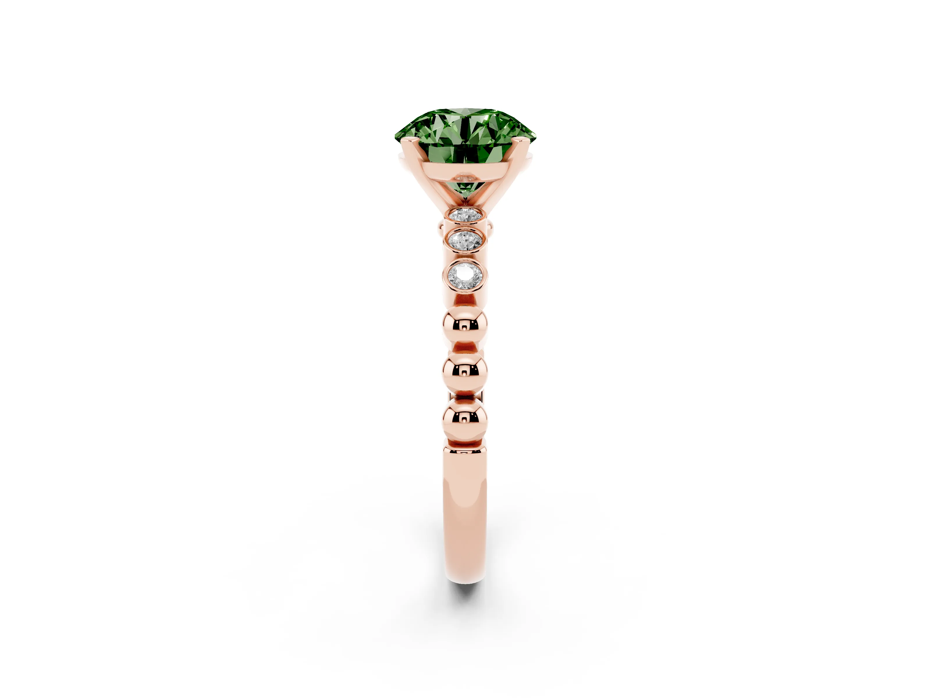Fancy Green Round Cut Diamond Solitaire Engagement Ring Set in Rose gold with Bezel Accents on Beaded Band