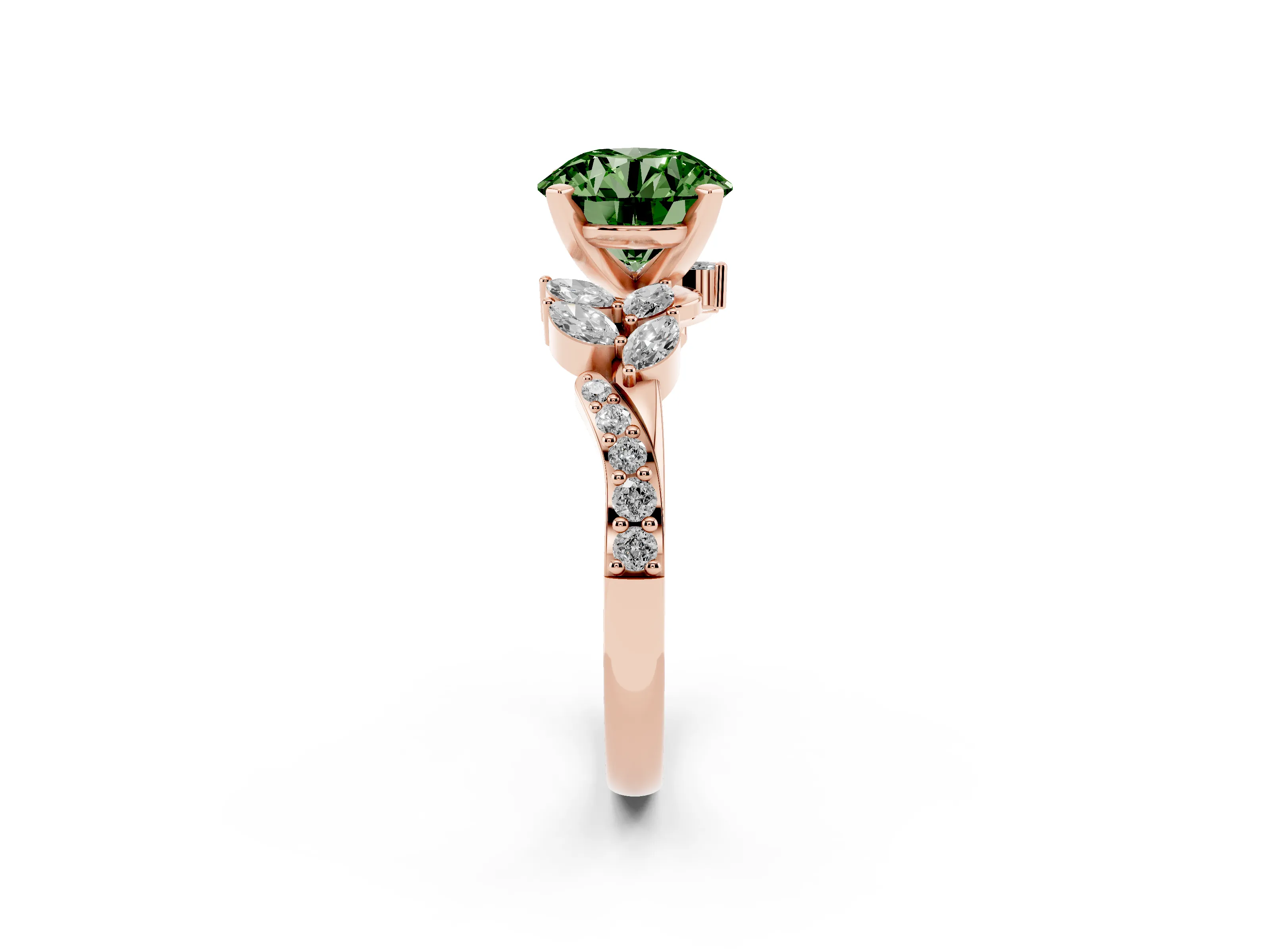Fancy Green Round Cut Diamond Solitaire Ring Set in Rose gold with Marquise Twist Band and Prong Setting