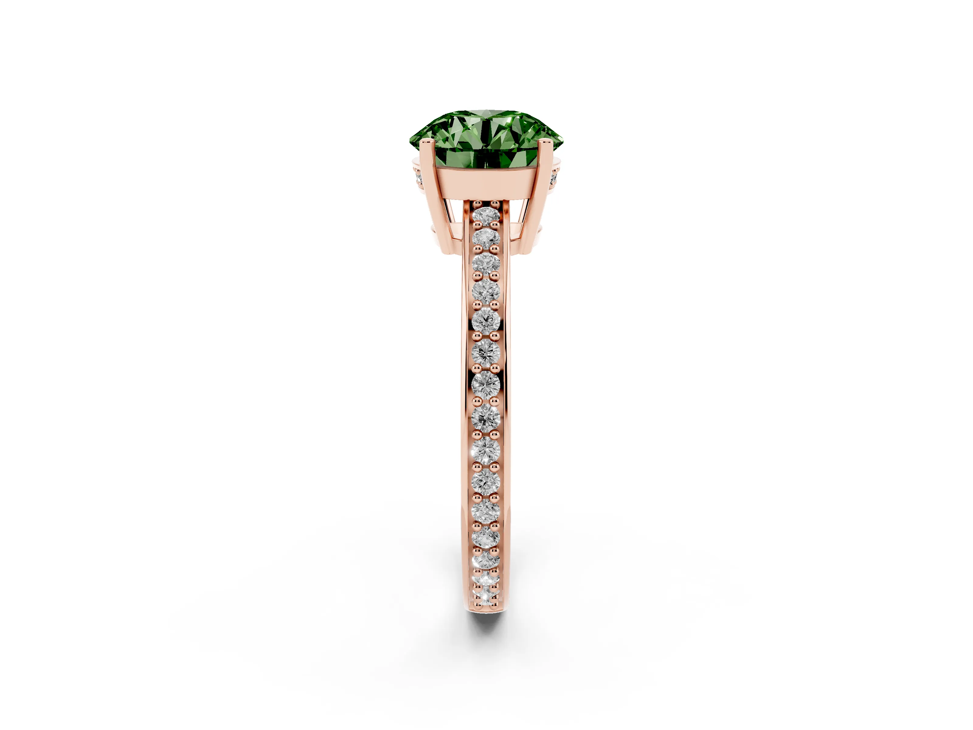 Fancy Green Round Cut Diamond Pavé Band Prong Set Solitaire Ring Set in Rose gold