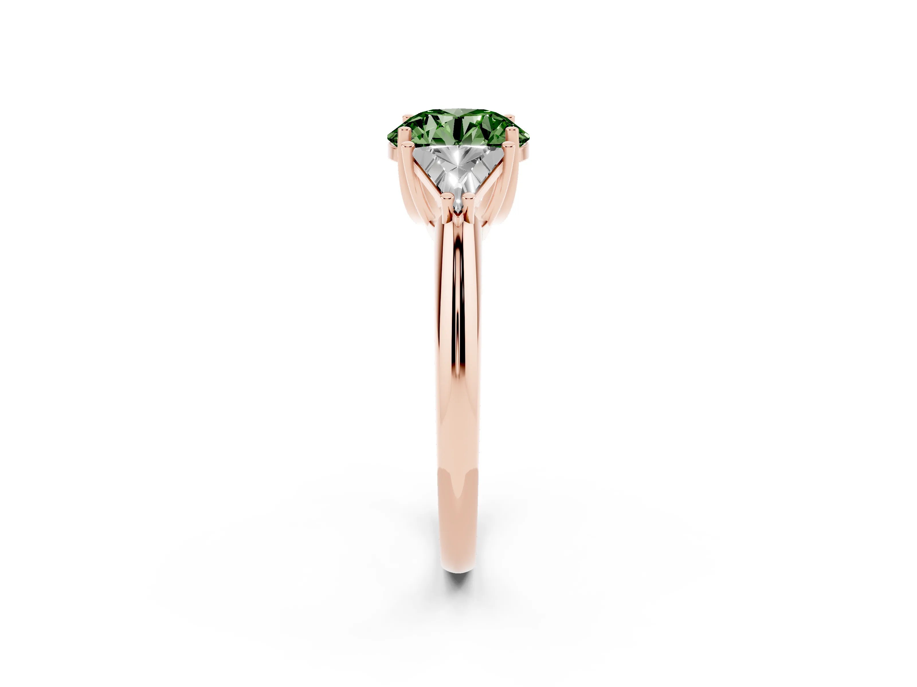 Fancy Green Round Cut Diamond Three-Stone Engagement Ring Set in Rose gold with Trillion Side Stones