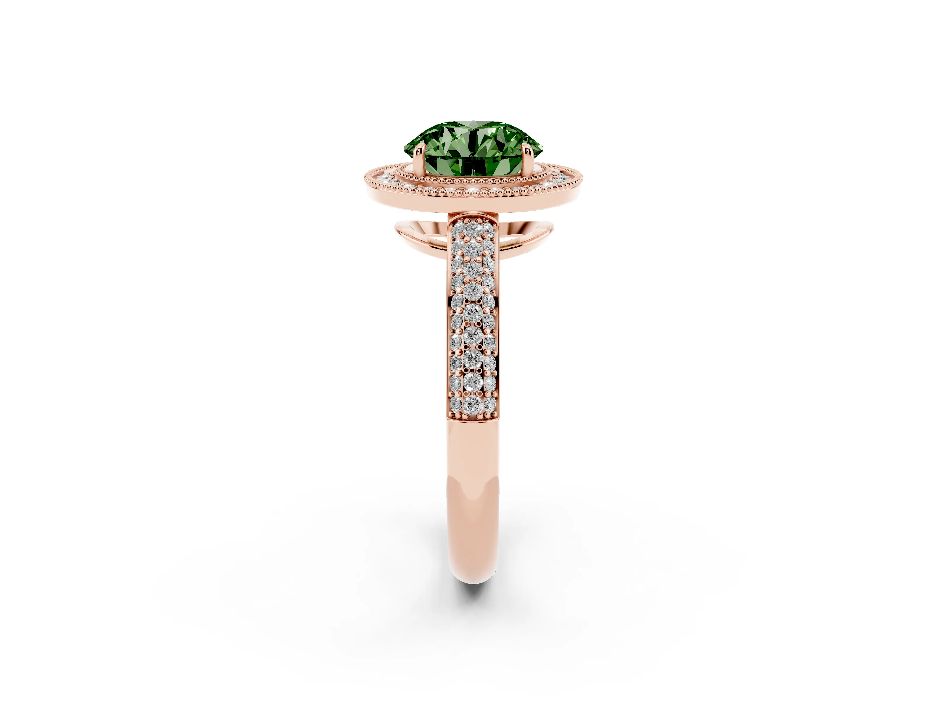 Fancy Green Round Cut Diamond Halo Pavé Band Set in Rose gold with Prong Setting