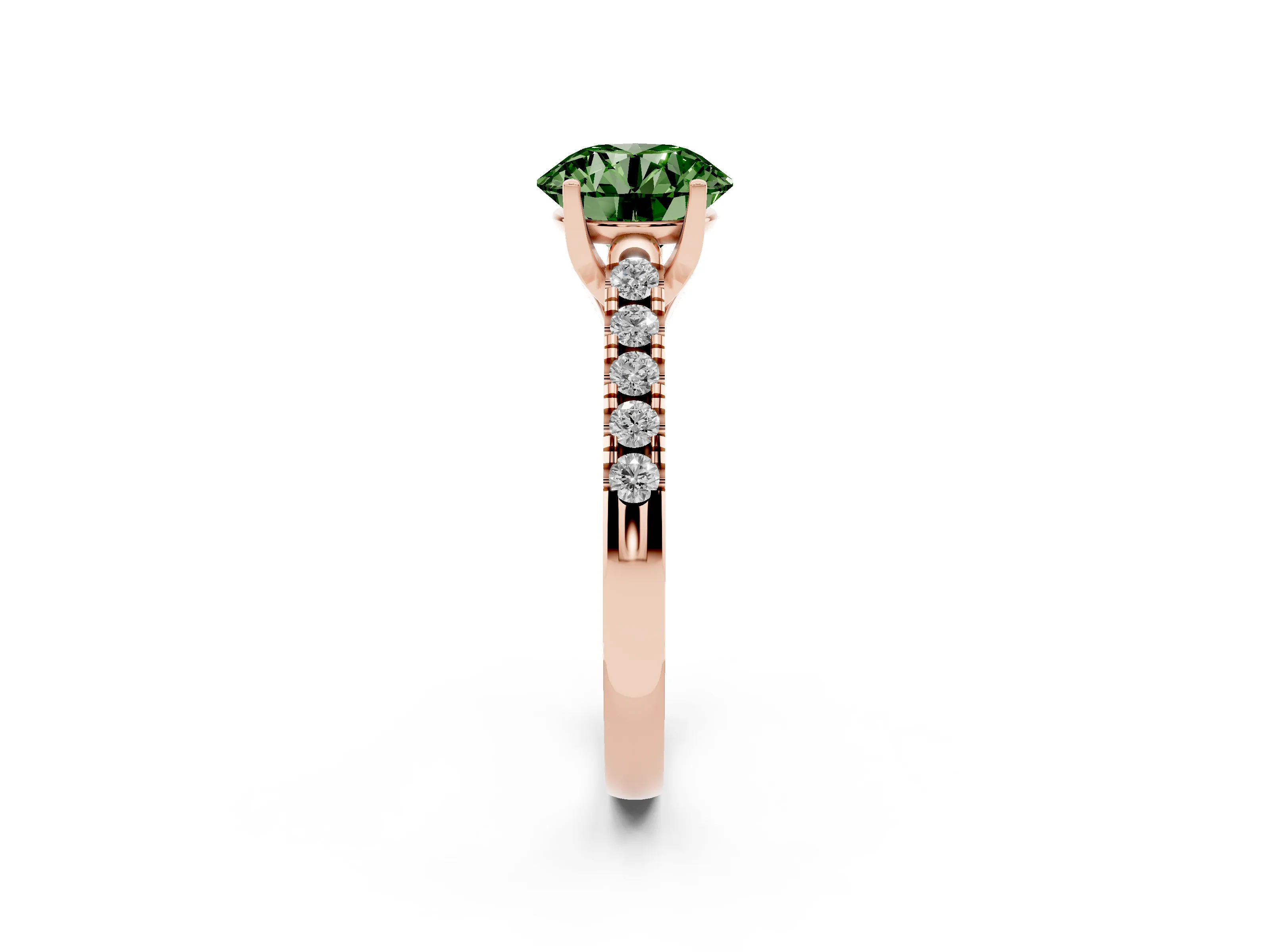 Fancy Green Round Cut Diamond Pavé Band Solitaire Ring Set in Rose gold with Partway Accent Stones and Prong Setting