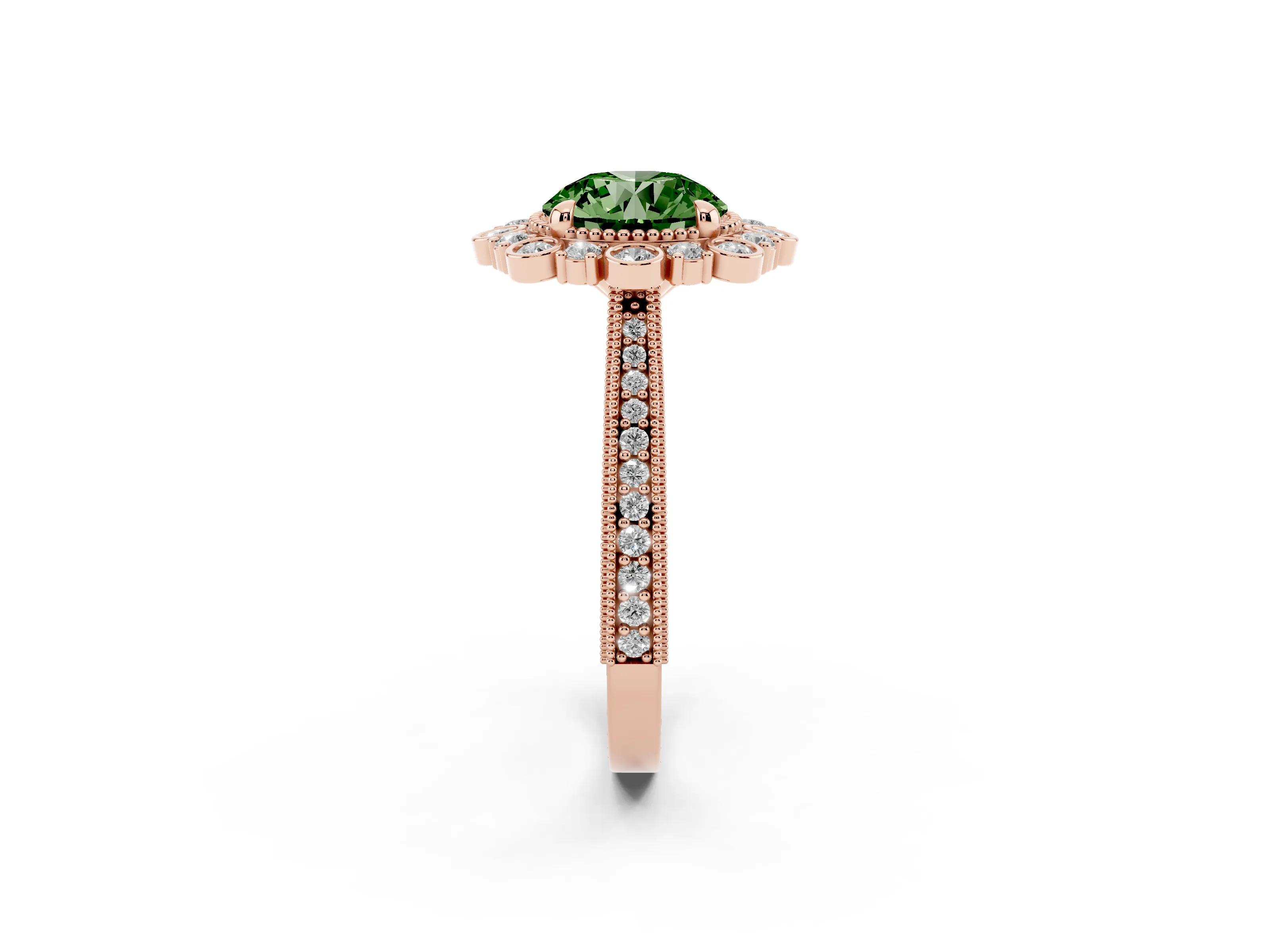 Fancy Green Round Cut Diamond Halo Milgrain Pavé Ring Set in Rose gold with Prong Setting