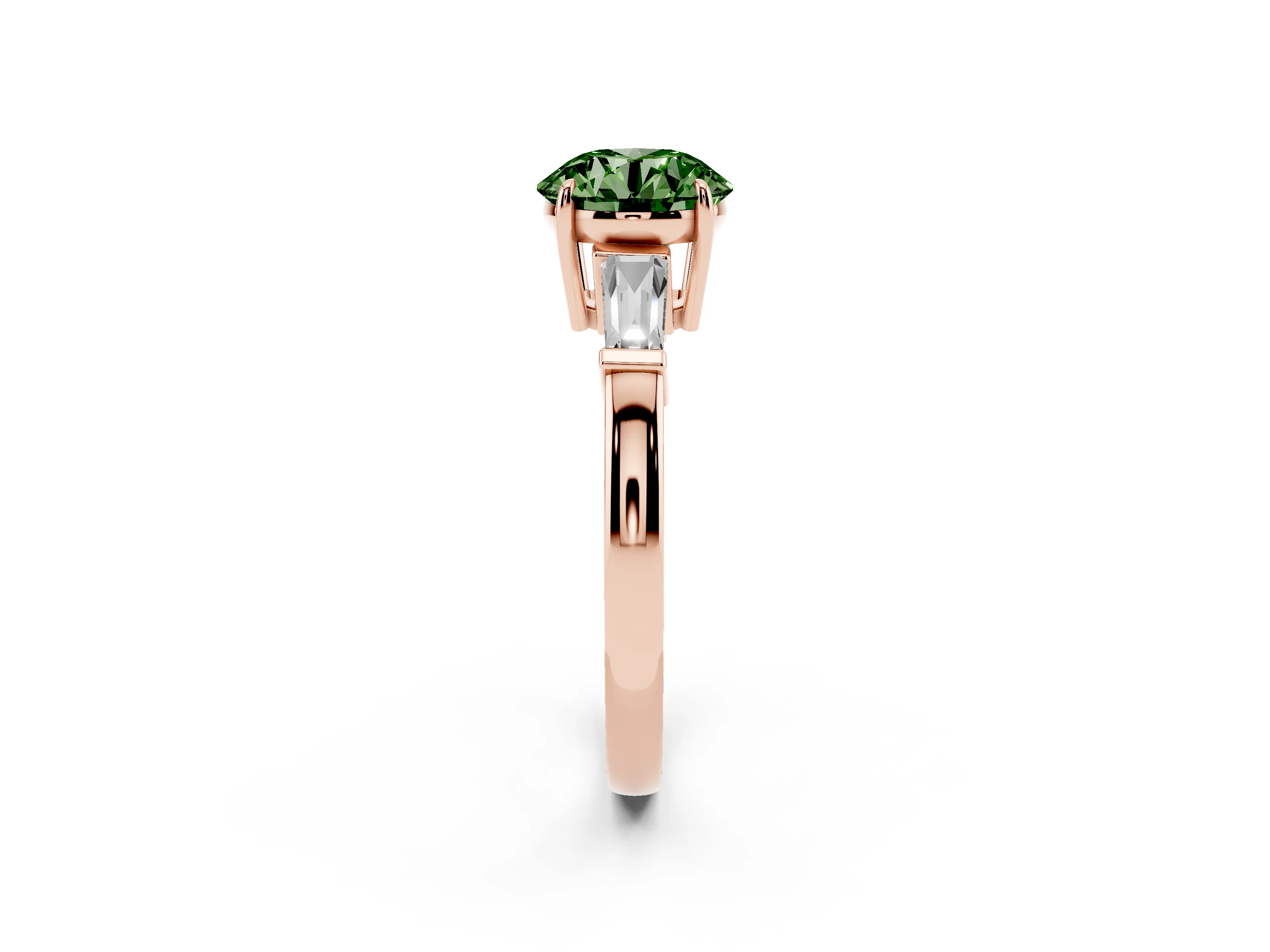 Fancy Green Round Cut Diamond Three-Stone Ring Set in Rose gold with Tapered Baguette Side Stones and Prong Setting