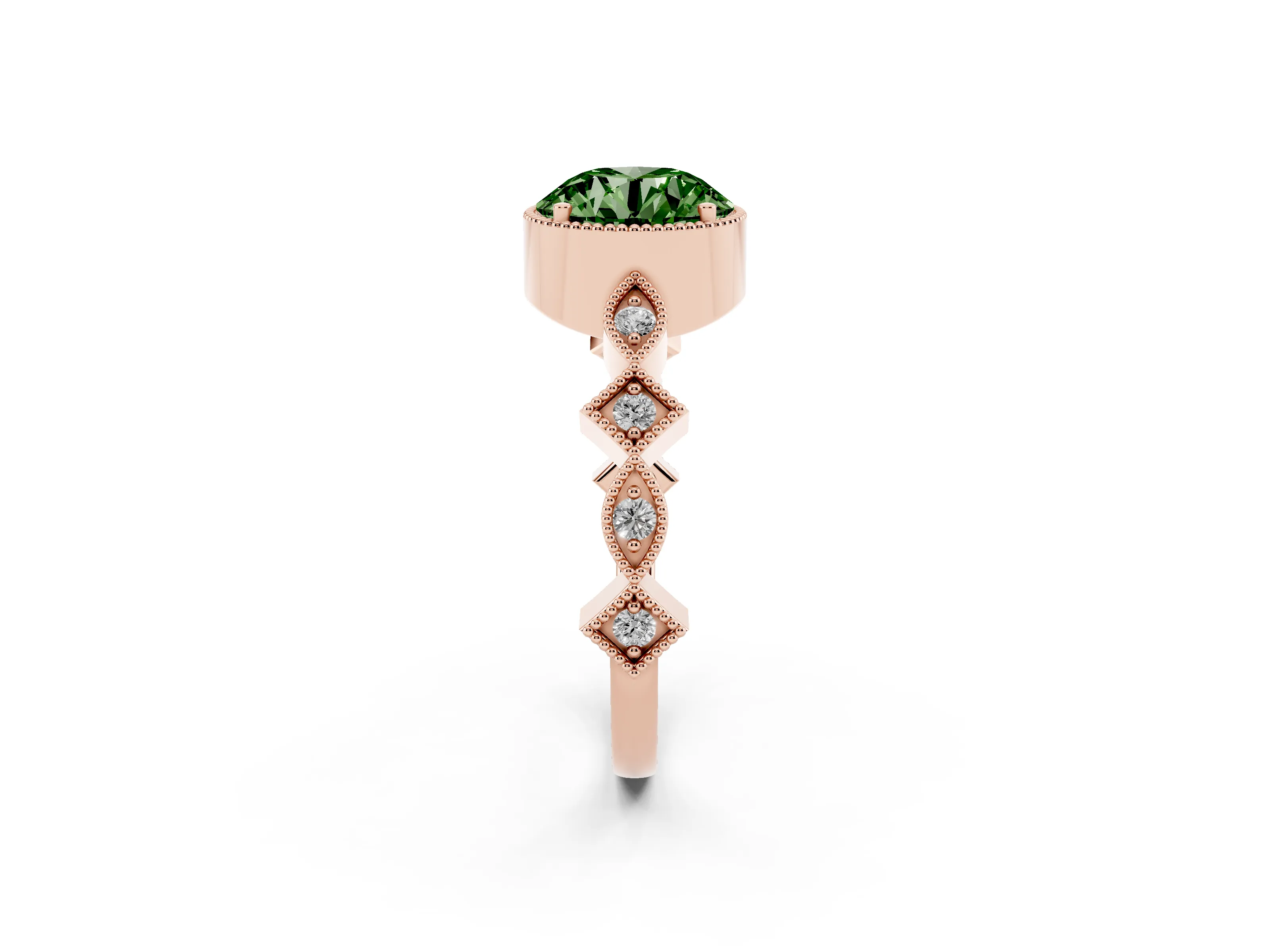 Fancy Green Round Cut Diamond Milgrain Marquise Twist Band Ring Set in Rose gold with Prong Setting