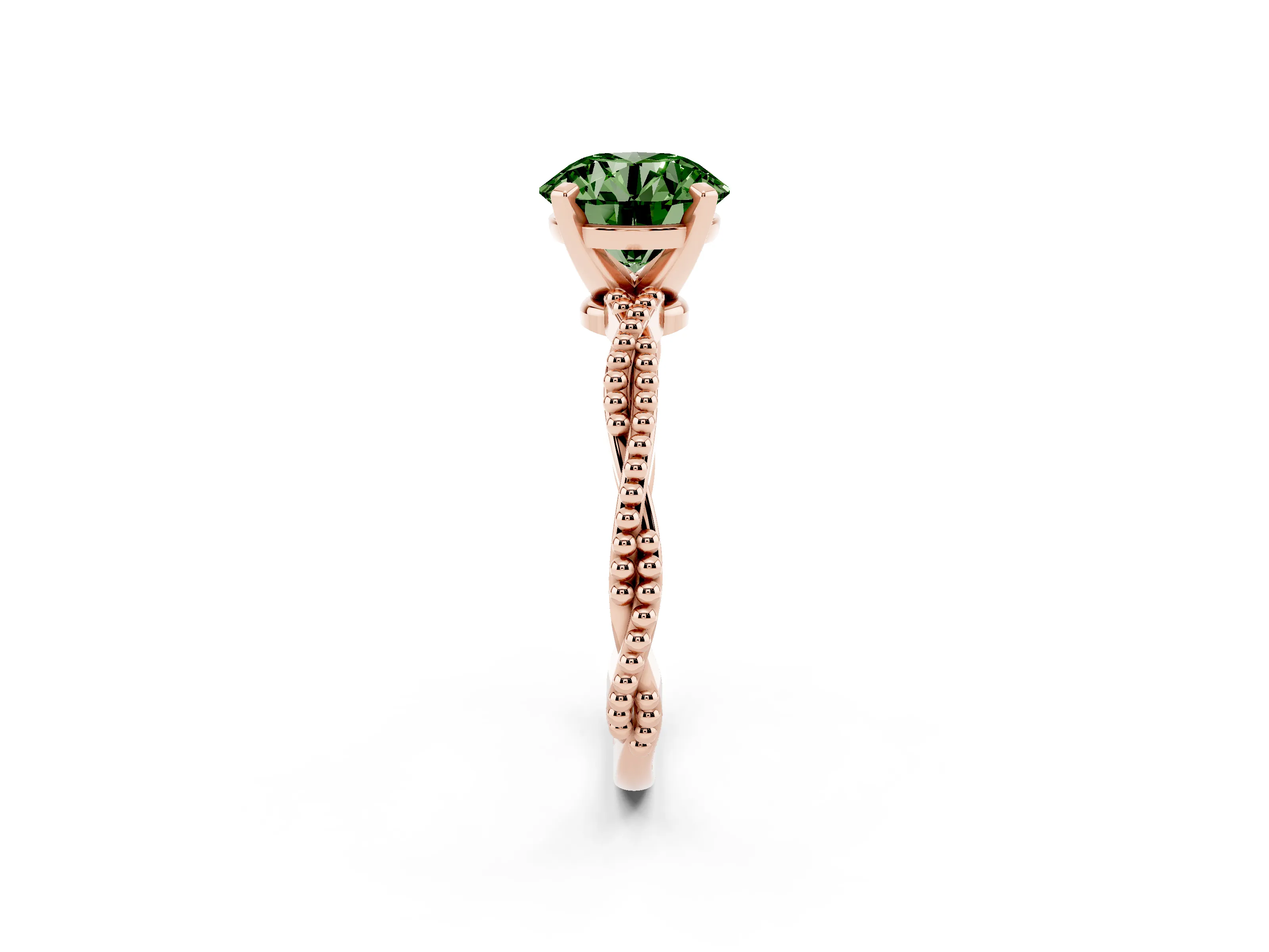 Fancy Green Round Cut Diamond Solitaire Ring Set in Rose gold with Twisted Band and Bead Prong Setting