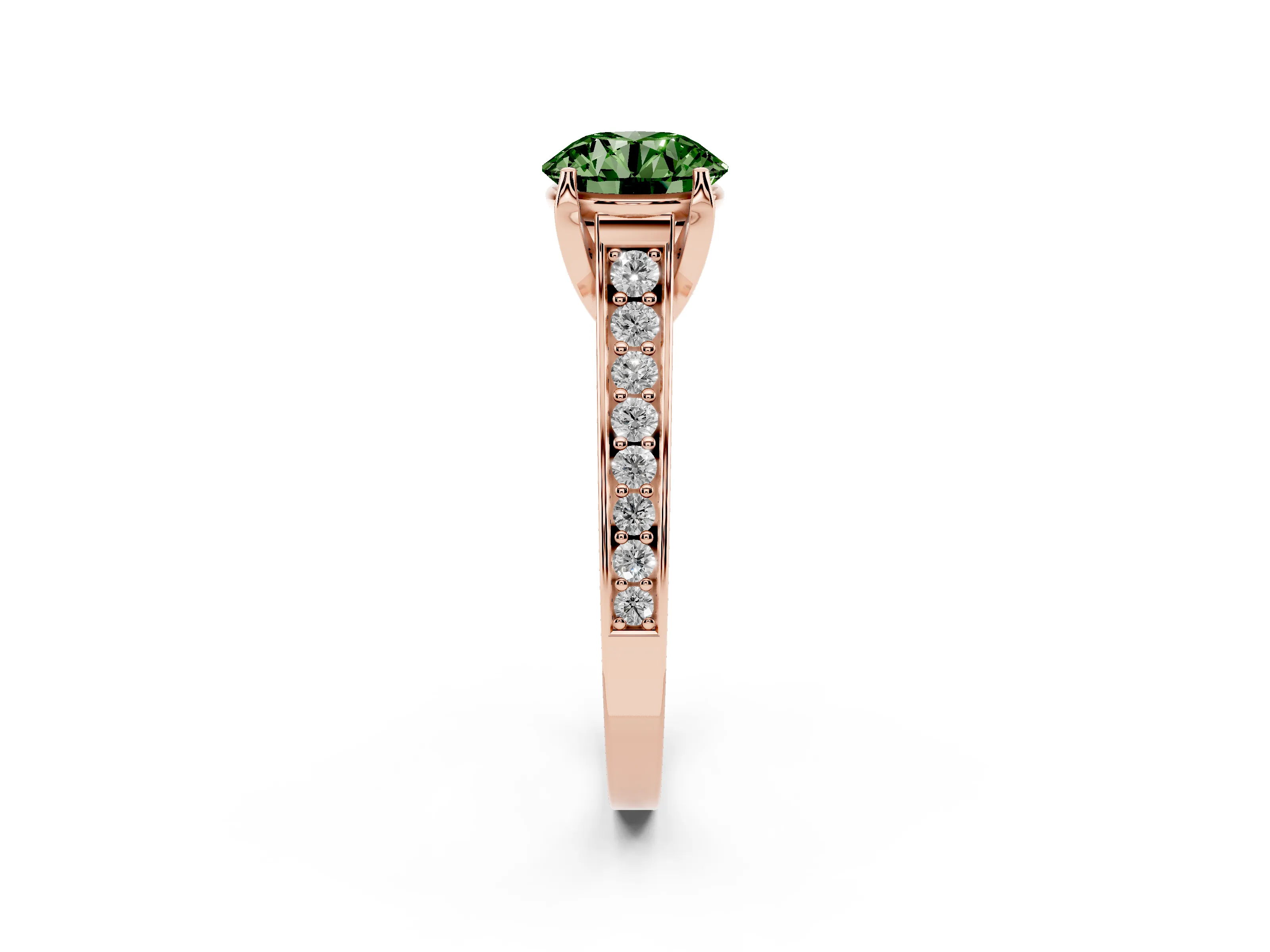 Fancy Green Round Cut Diamond Solitaire Pavé Engagement Ring Set in Rose gold with Prong Setting