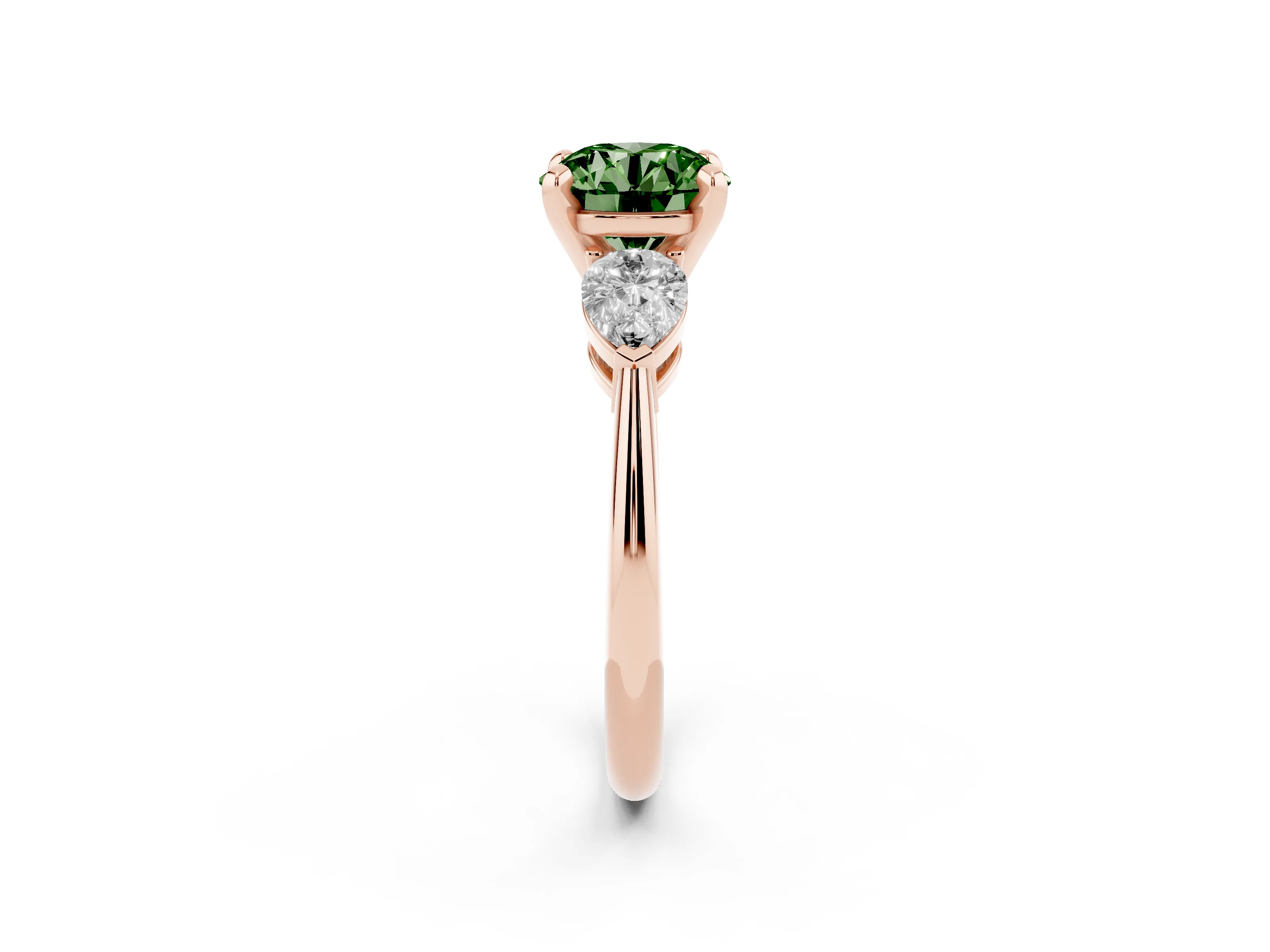 Fancy Green Three-Stone Round Cut Diamond Ring Set in Rose gold with Pear Side Stones and Prong Setting