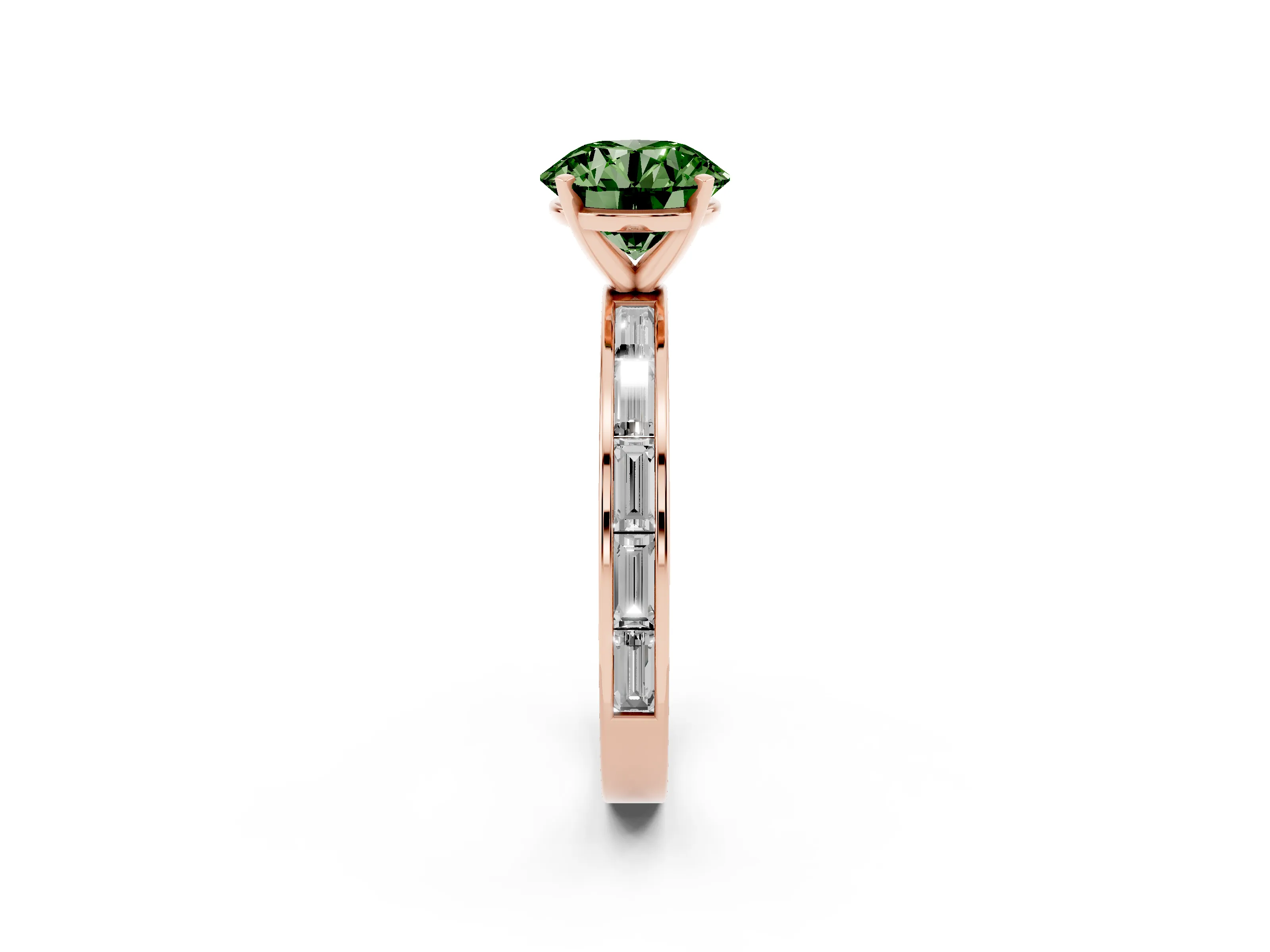 Fancy Green Round Cut Diamond Solitaire Ring Set in Rose gold with Channel-Set Baguette Band and Prong Setting