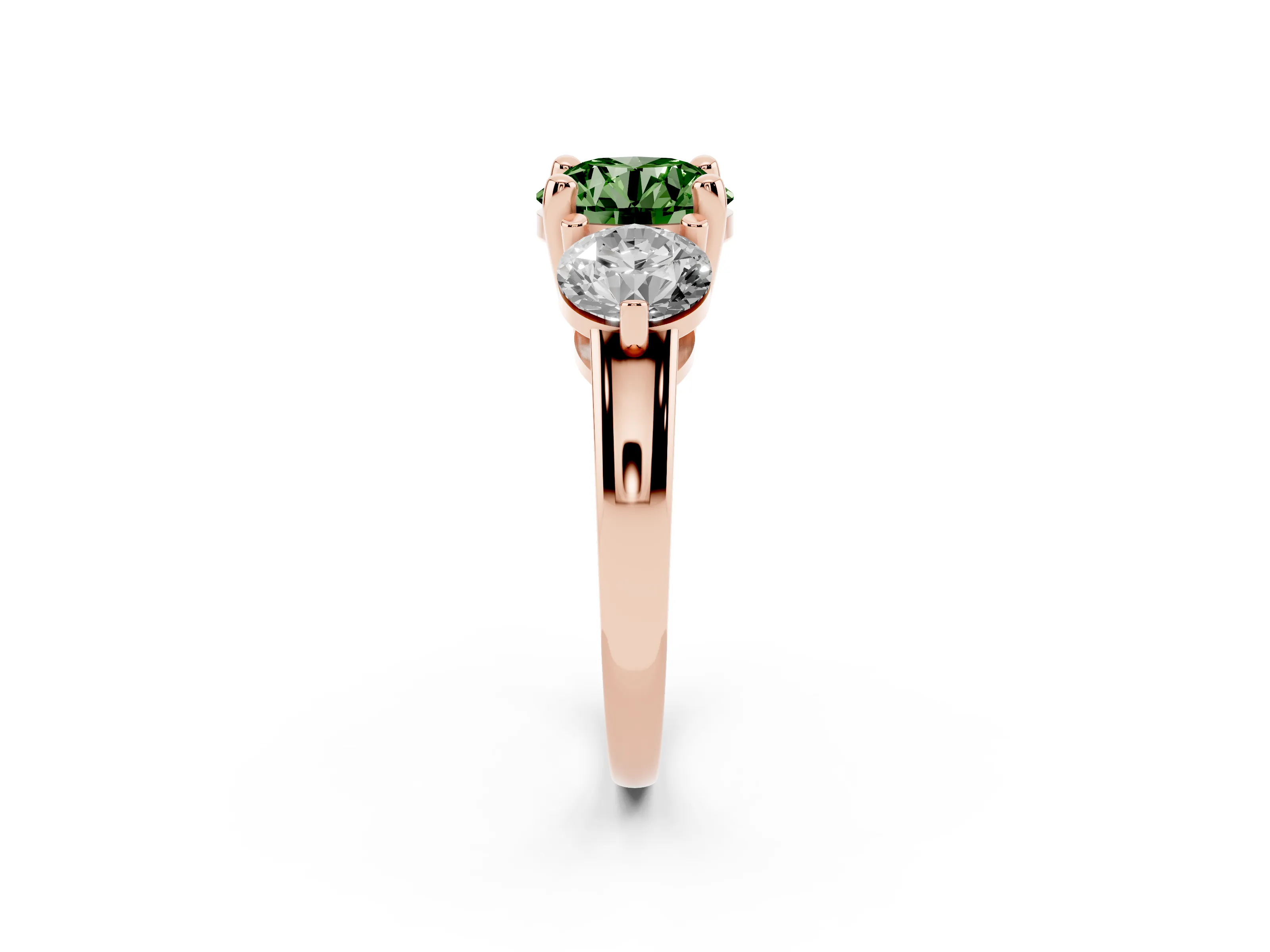 Fancy Green Round Cut Diamond Three-Stone Ring Set in Rose gold with Prong Setting and Classic Band