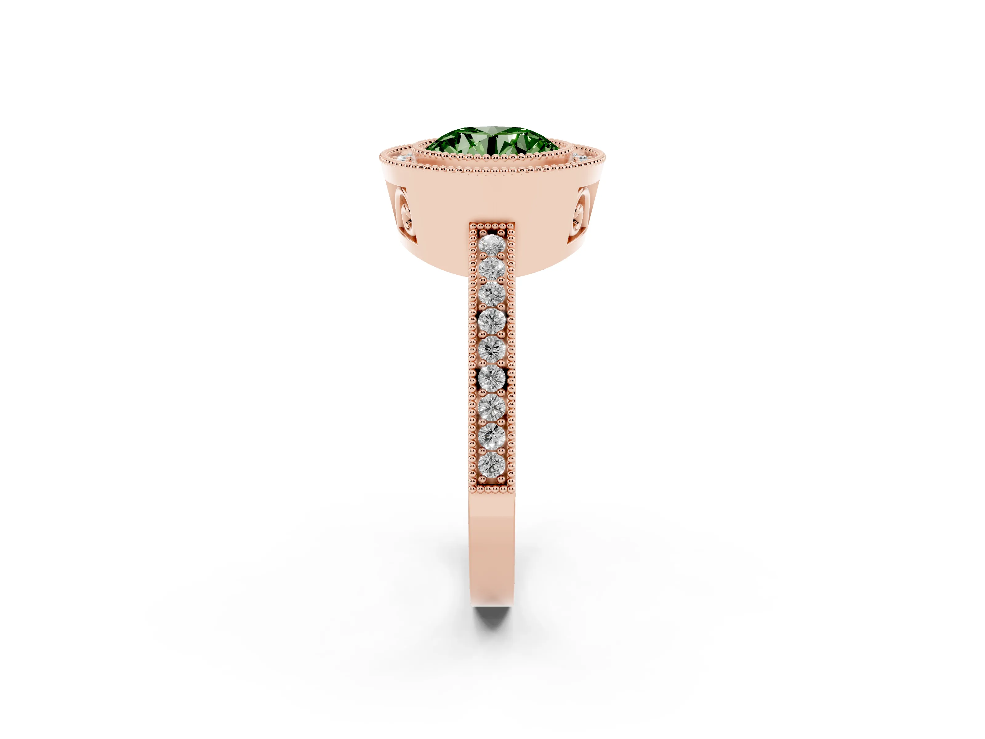 Fancy Green Round Cut Diamond Round Halo Ring Set in Rose gold with Pavé Band