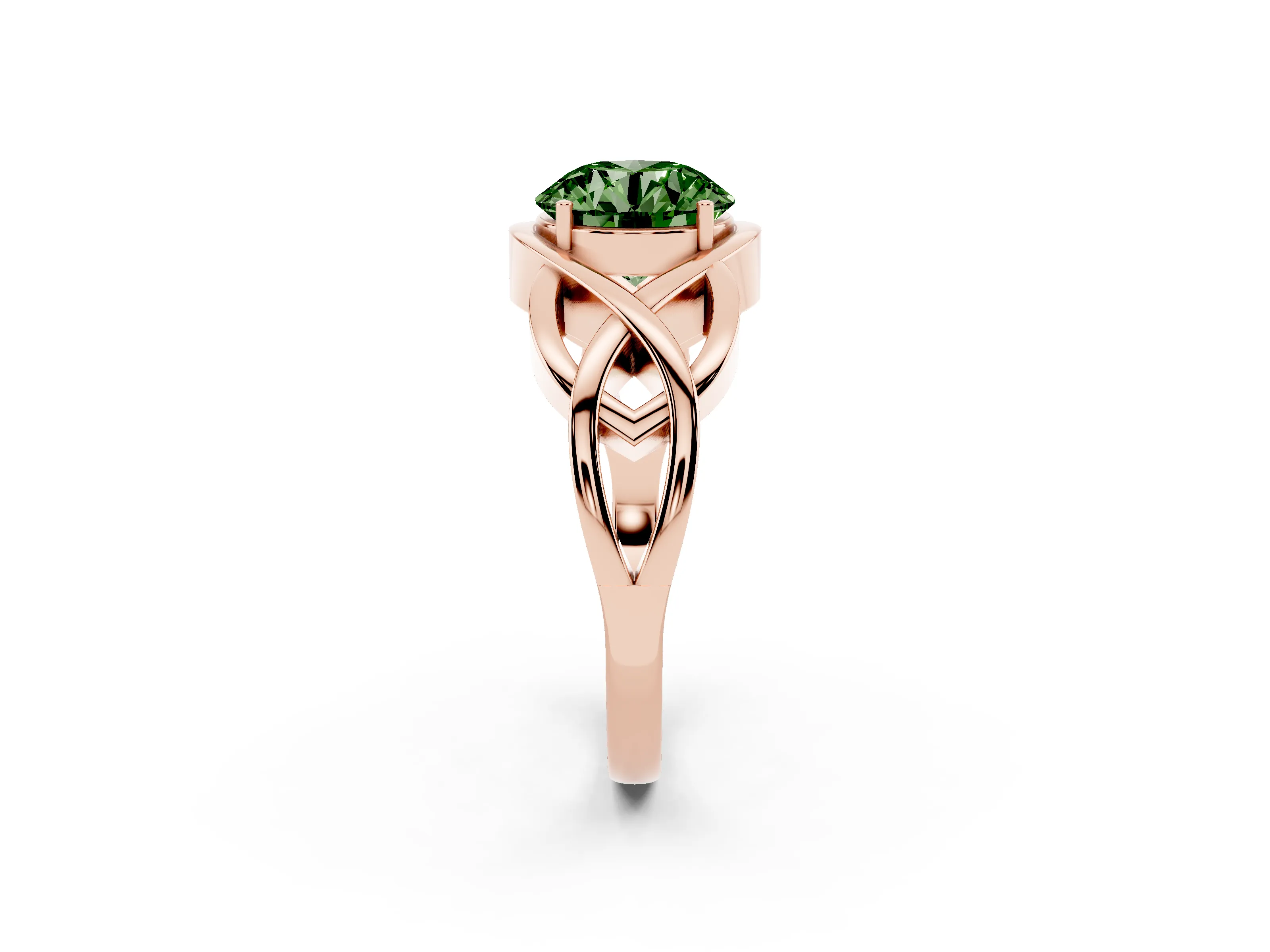 Fancy Green Round Cut Diamond Solitaire Ring Set in Rose gold with Intertwined Band