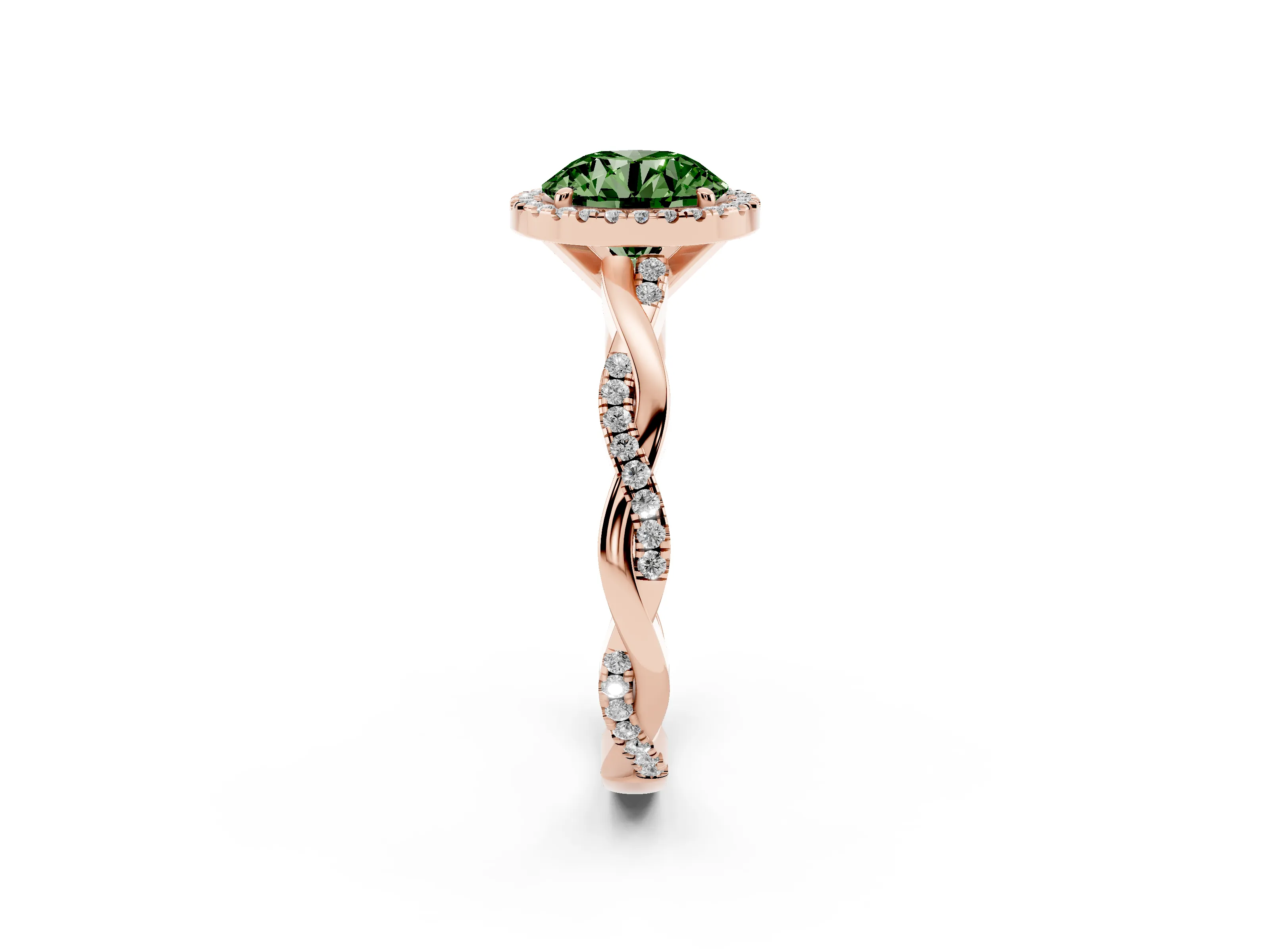Fancy Green Round Cut Diamond Halo Twisted Band Ring Set in Rose gold with Prong Setting