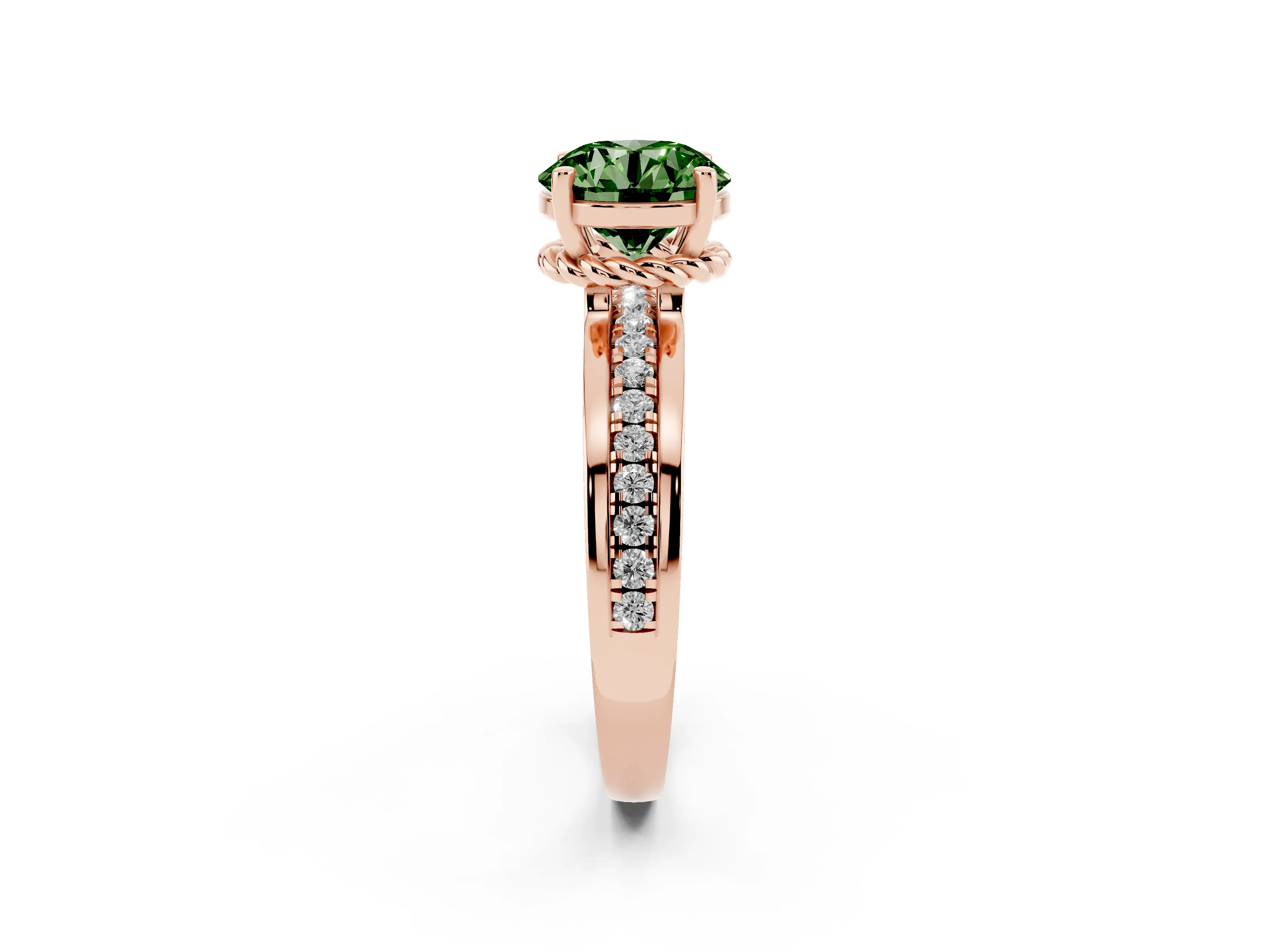 Fancy Green Round Cut Diamond Solitaire Ring Set in Rose gold with Channel Set Band and Prong Setting