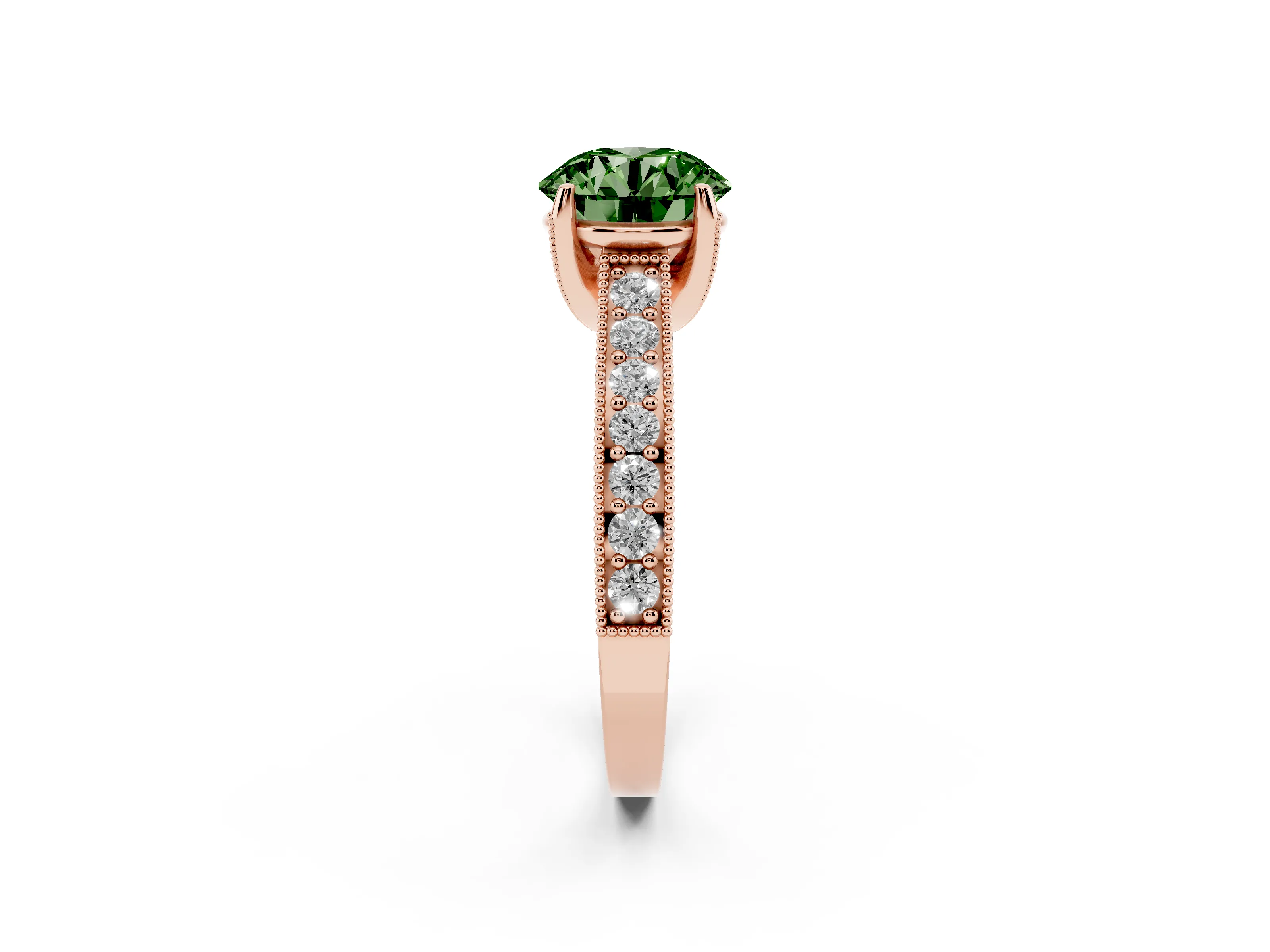 Fancy Green Round Cut Diamond Solitaire Ring Set in Rose gold with Milgrain-Edged Pavé Band and Prong Setting
