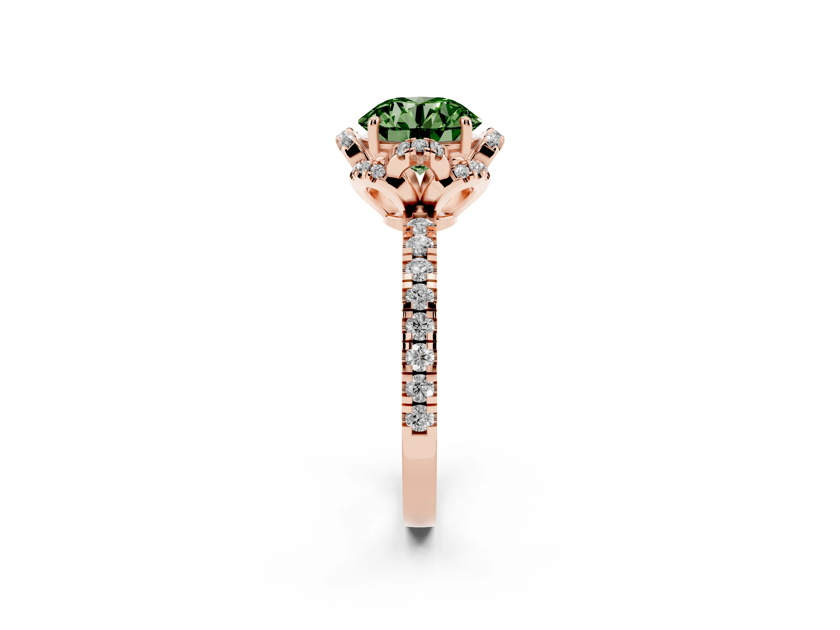 Fancy Green Round Cut Diamond Halo Pavé Band Ring Set in Rose gold with Prong-Held Center