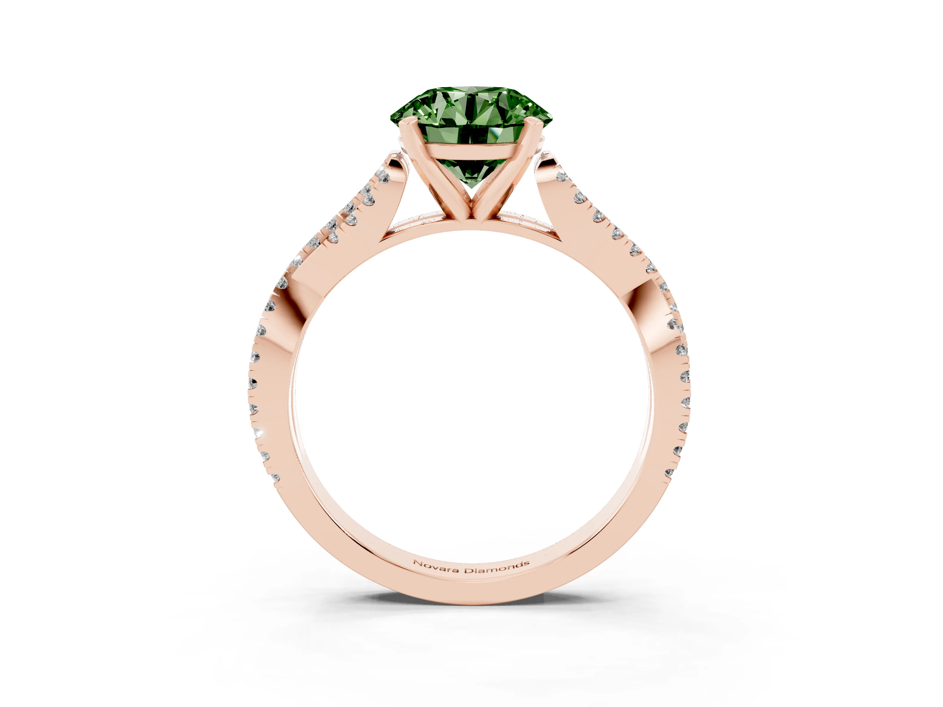 Fancy Green Round Cut Diamond Solitaire Engagement Ring Set in Rose gold with Twisted Pavé Band and Prong Setting