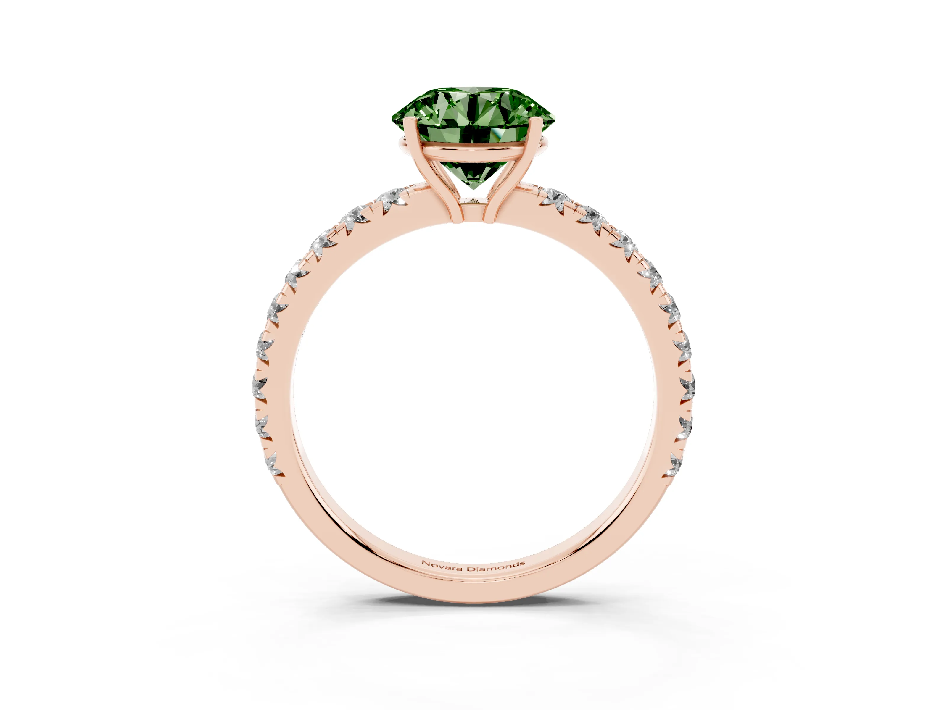 Fancy Green Round Cut Diamond Pavé Solitaire Engagement Ring Set in Rose gold with Prong Setting