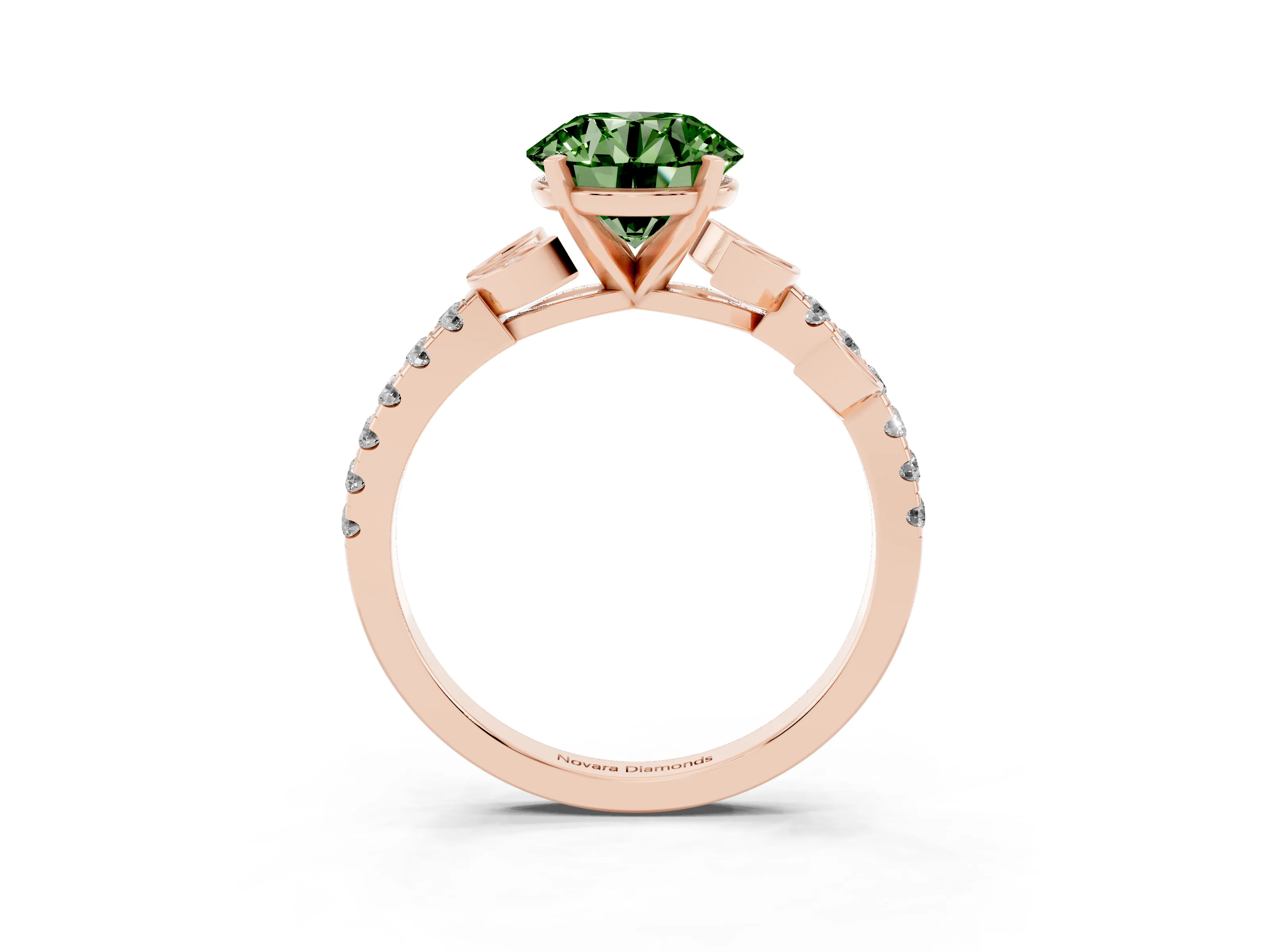 Fancy Green Round Cut Diamond Solitaire Leaf-Inspired Ring Set in Rose gold with Pavé Band and Prong Setting