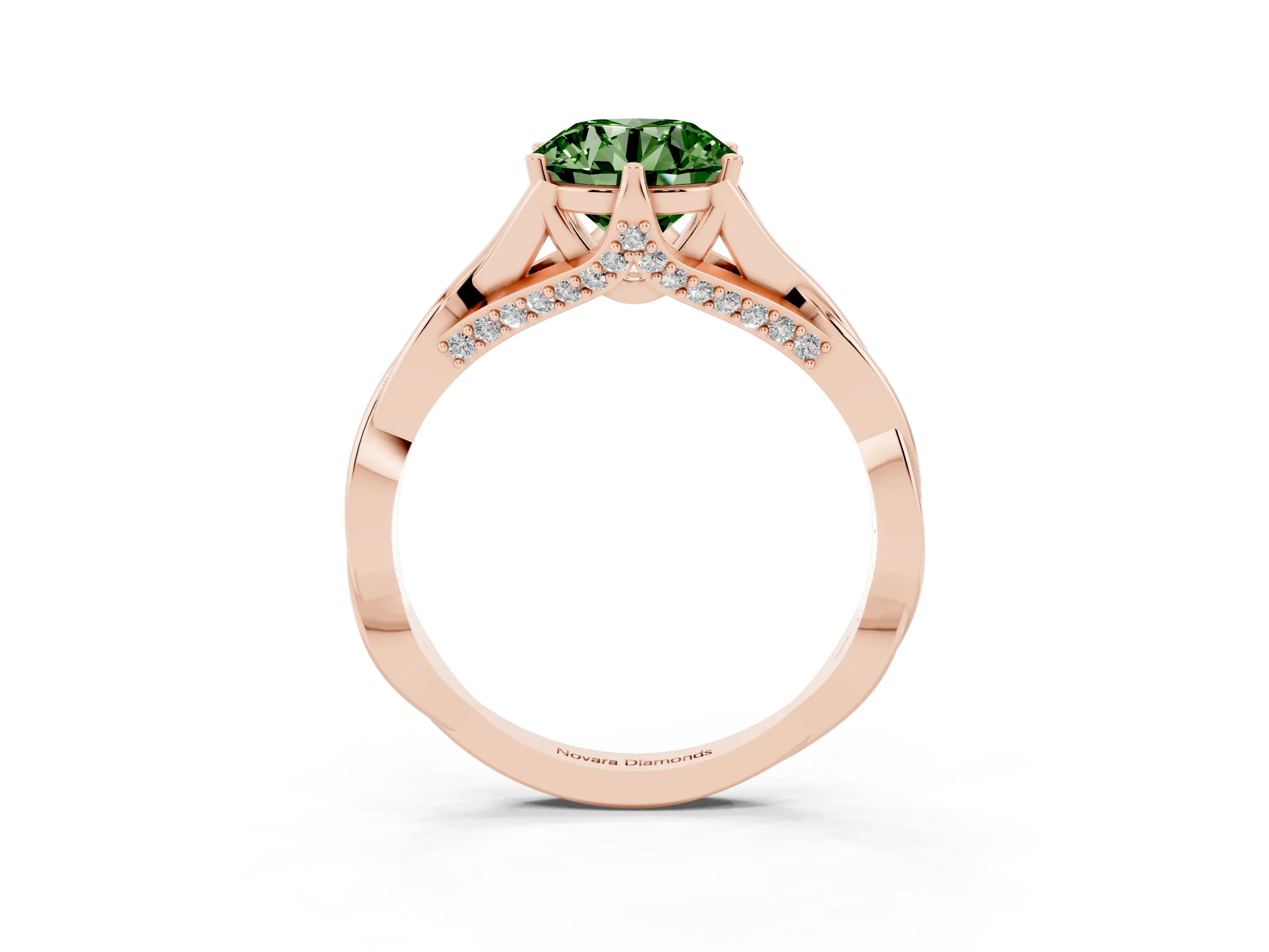 Fancy Green Round Cut Diamond Intertwined Twist Band Solitaire Ring Set in Rose gold with Prong Setting
