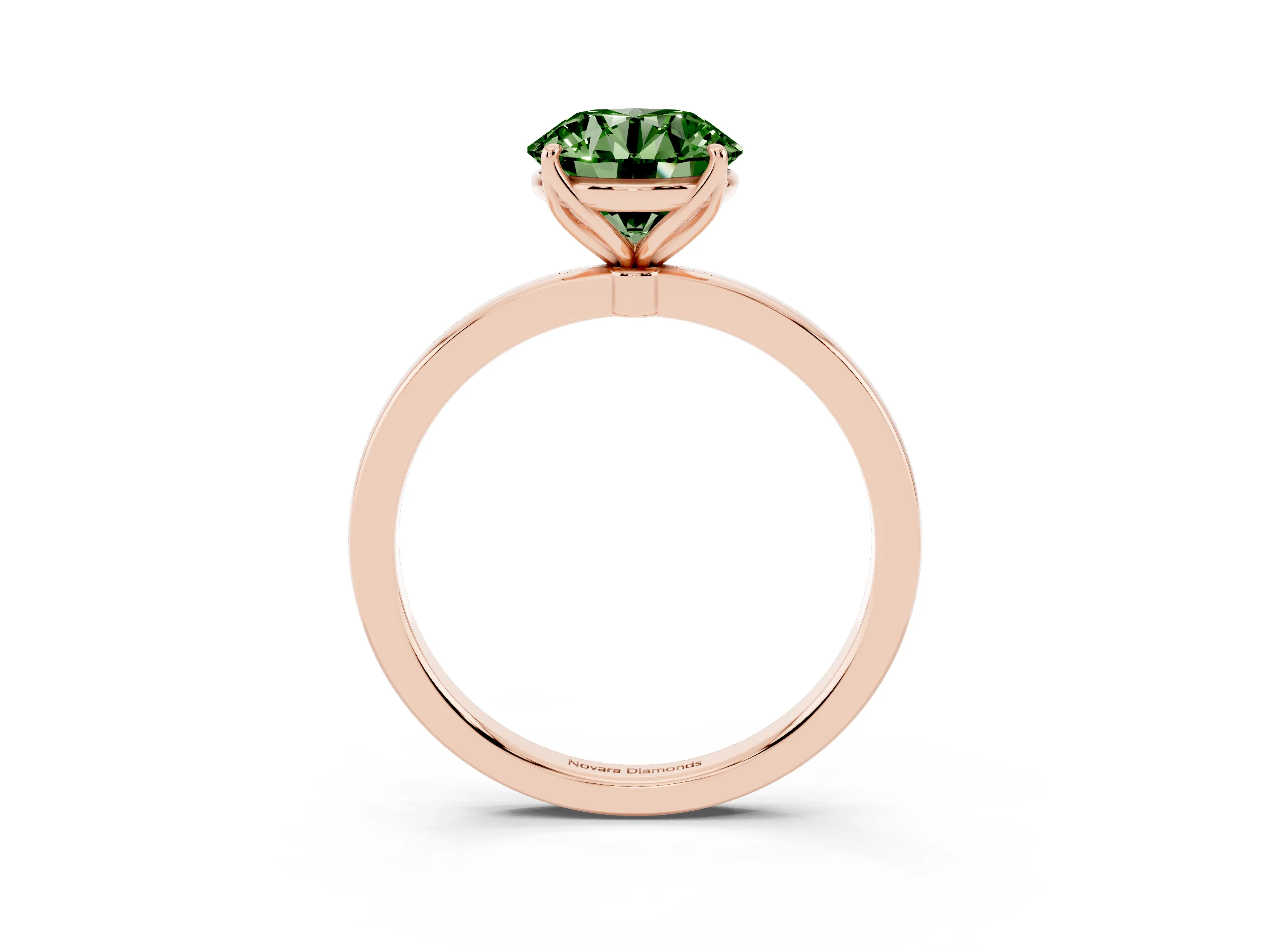 Fancy Green Round Cut Diamond Solitaire Ring Set in Rose gold with Prong Setting and Thin Polished Band