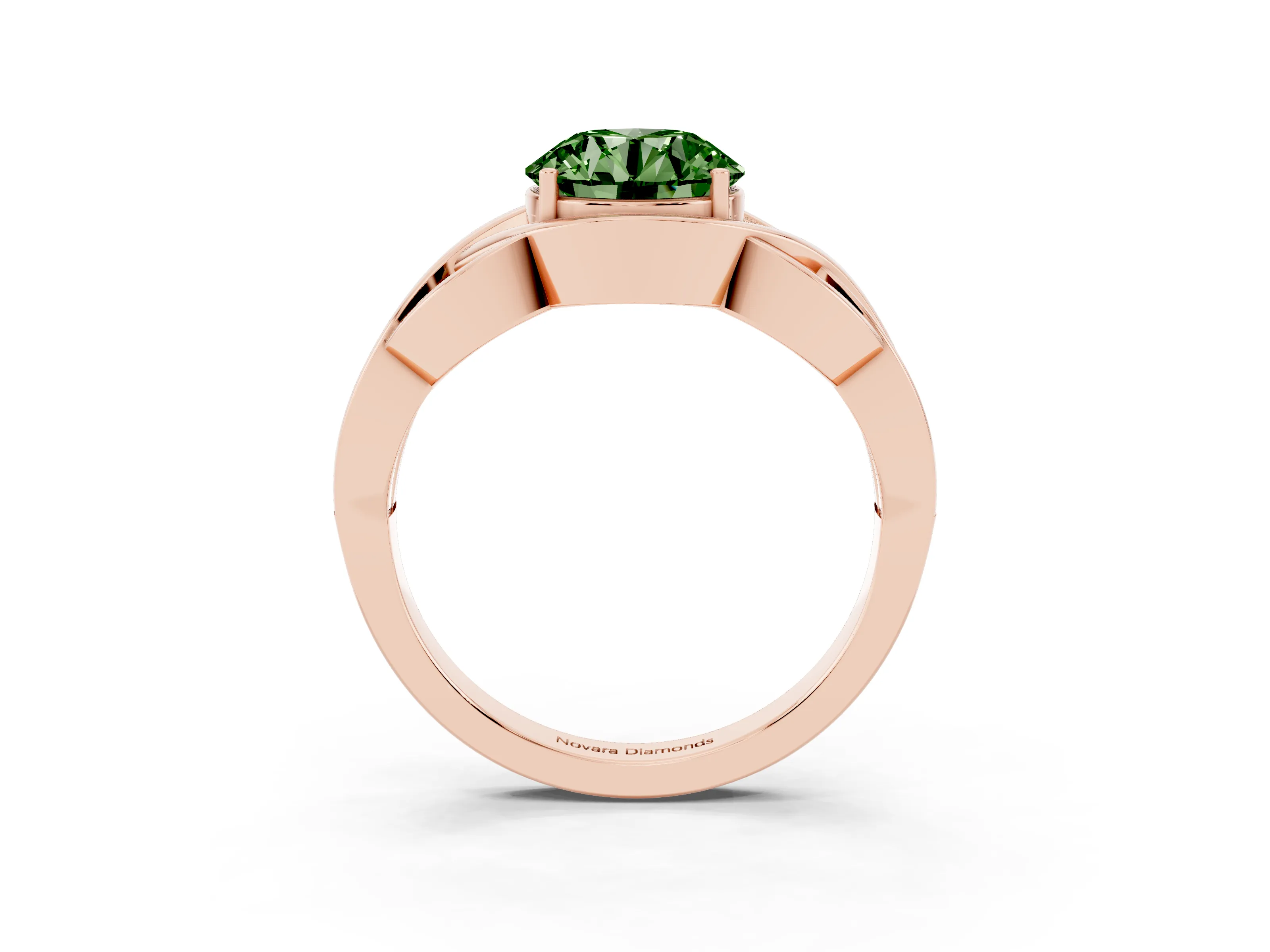 Fancy Green Round Cut Diamond Solitaire Ring Set in Rose gold with Intertwined Band